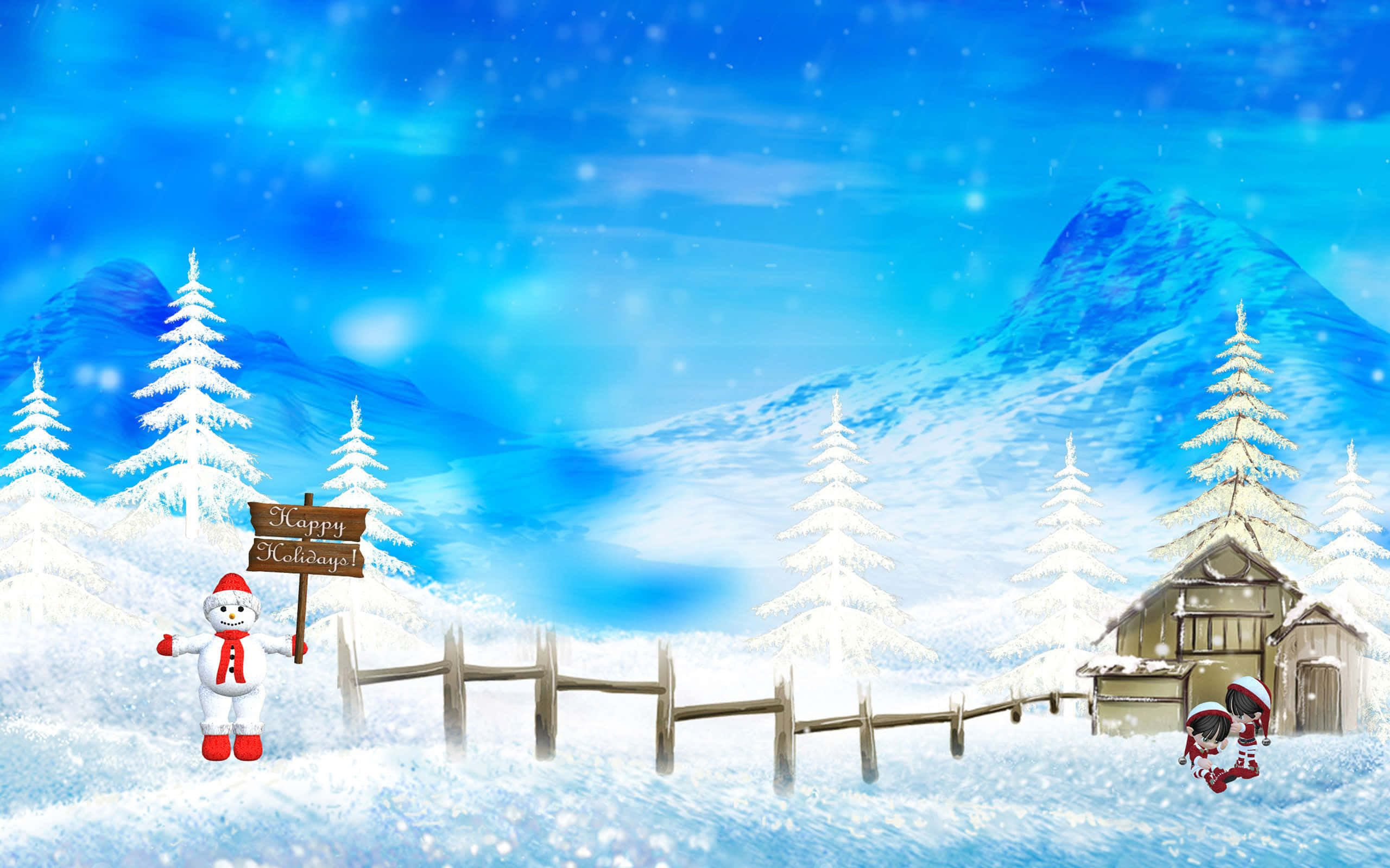 Winter Holiday 桌布 壁紙 — 一個快樂的雪人在明亮的冬季仙境中，在雪覆蓋的小屋旁邊的木柵欄附近舉著一個牌子。