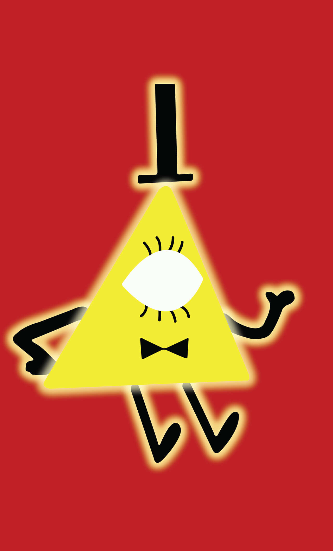 Yellow Triangle 桌布 壁紙 — 一個快樂的黃色三角形角色，有一隻眼睛、蝴蝶結和舉起的雙臂，背景為純紅色。