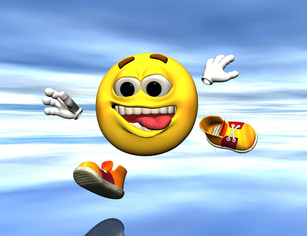 Smiley 桌布 壁紙 — 一個快樂的黃色表情符號，有手臂和腿，在藍天白雲中快樂地漂浮。