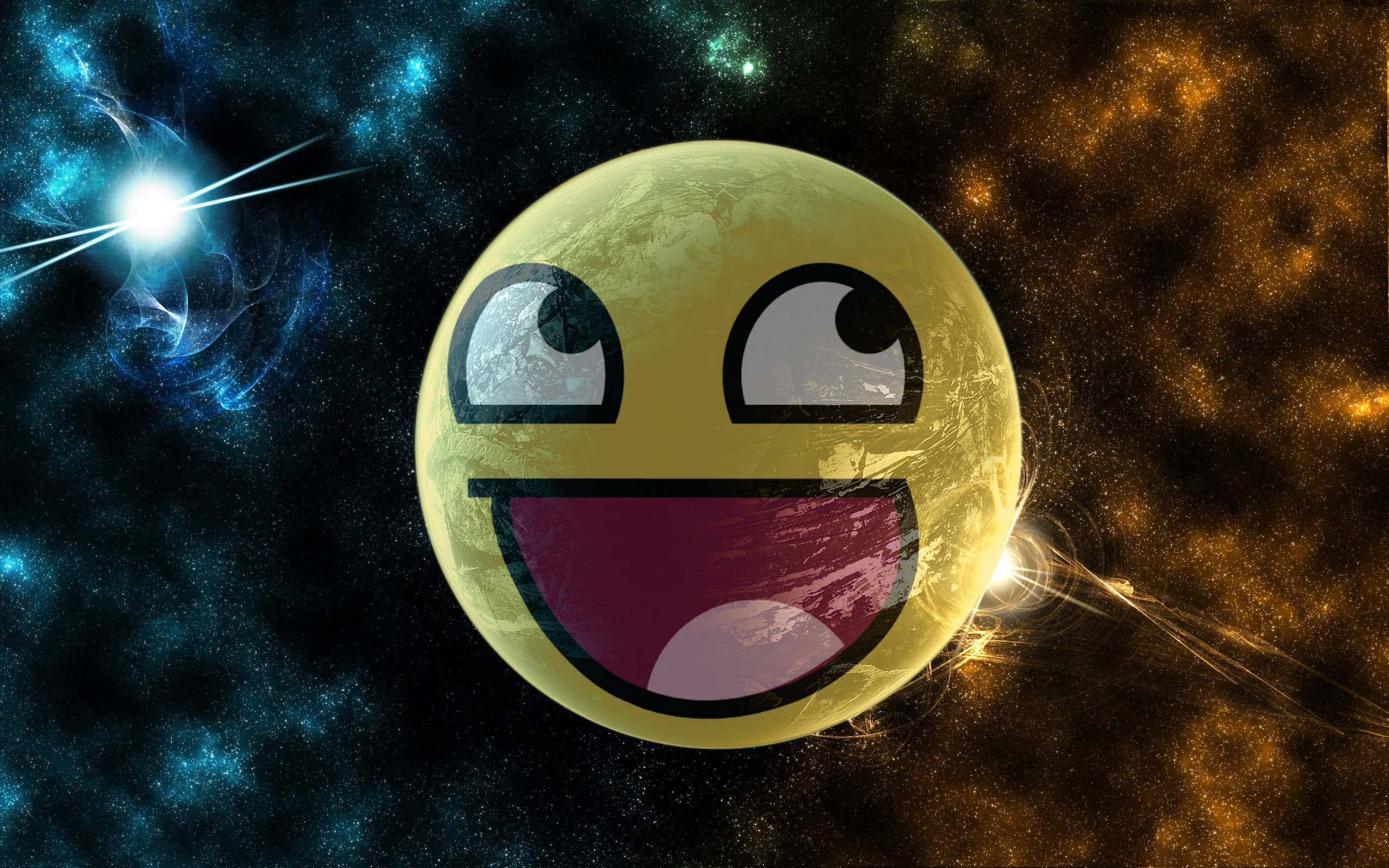 Smiley 桌布 壁紙 — 一個快樂的黃色表情符號星球，有大眼睛和燦爛的笑容，漂浮在充滿活力的藍色和金色宇宙星雲中。