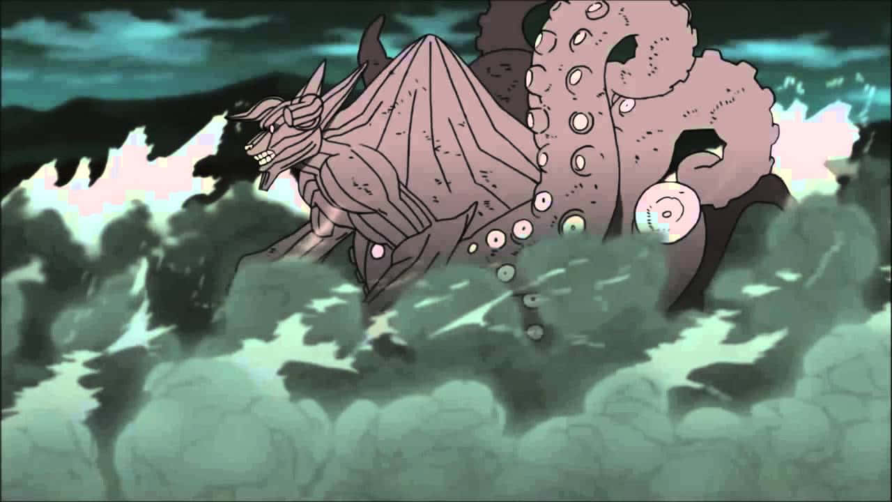 Gyuki 桌布 壁紙 — 一個怪獸般的動漫生物，擁有龍頭和章魚觸手，從黑暗天空下的暴風雨綠色雲層中出現。