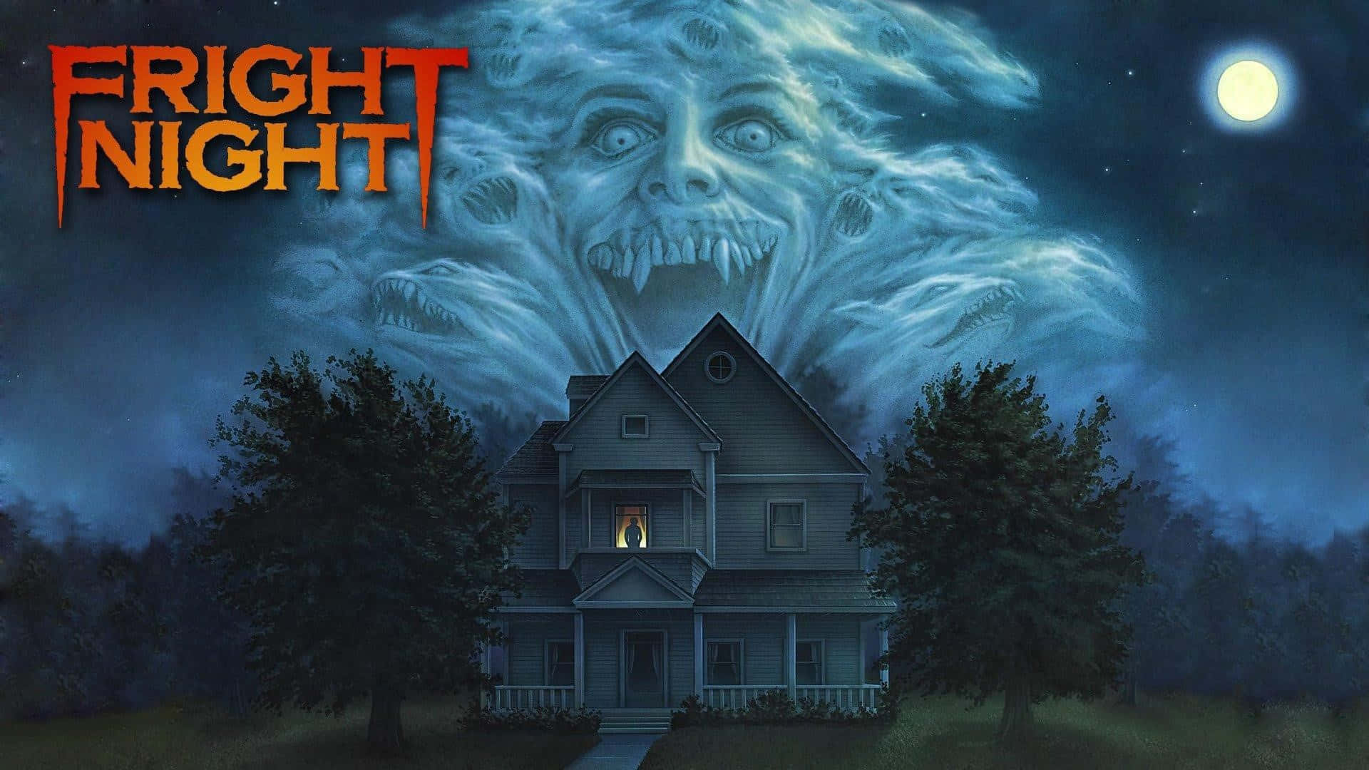 Scary Movies 桌布 壁紙 — 一個怪異的鬼臉在滿月下籠罩著鬼屋，營造出令人毛骨悚然的恐怖場景。