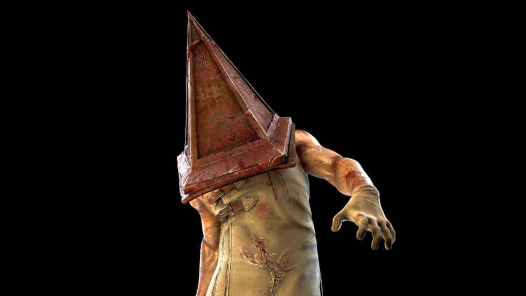 Silent Hill Characters 桌布 壁紙 — 一個怪誕的人形生物，有著生鏽的三角形金屬頭部和血跡斑斑的手臂，在黑色背景前伸出。