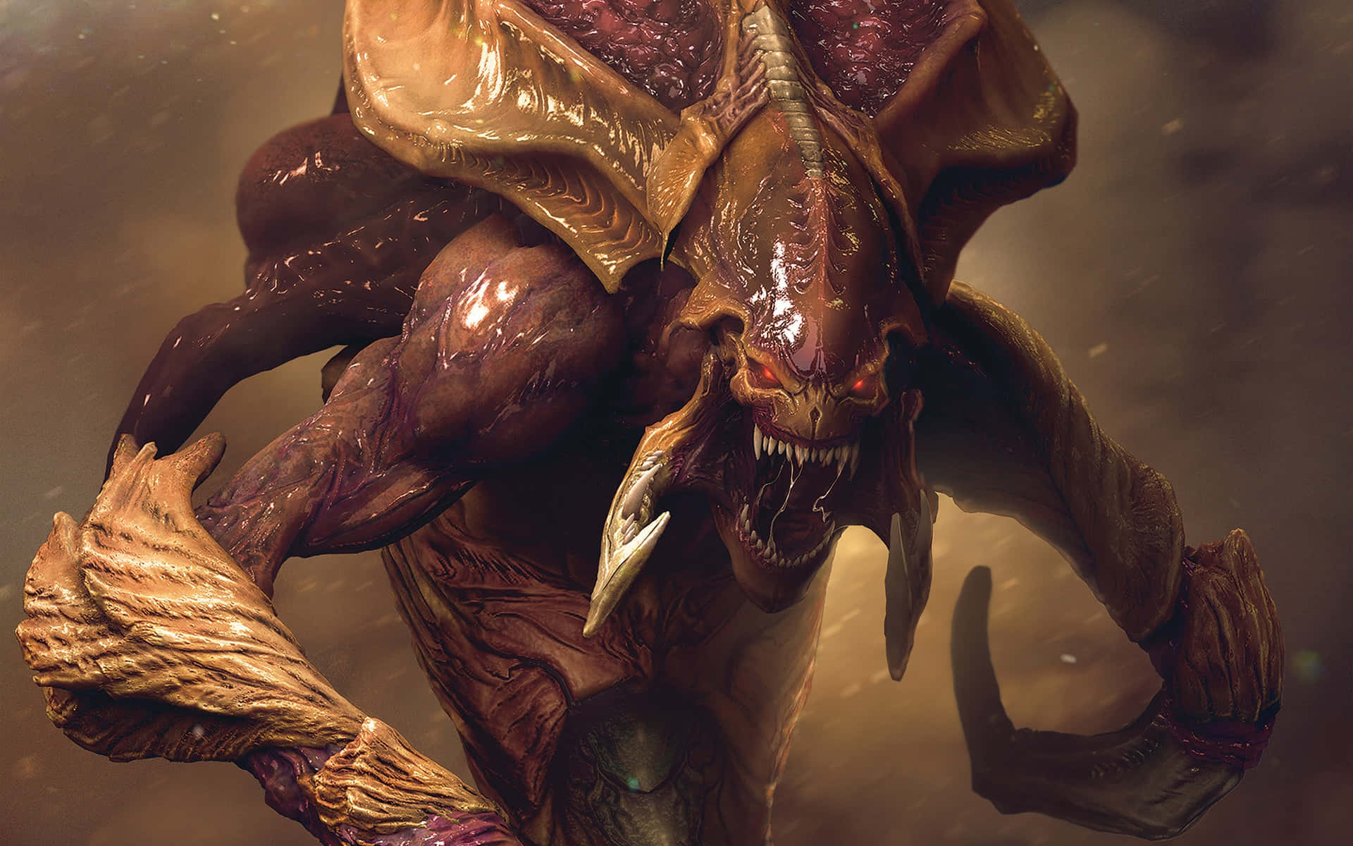 Starcraft Characters 桌布 壁紙 — 一個怪誕的生物機械怪物，有著發光的紅色眼睛和鋒利的牙齒，在塵土飛揚的環境中威脅性地咆哮。