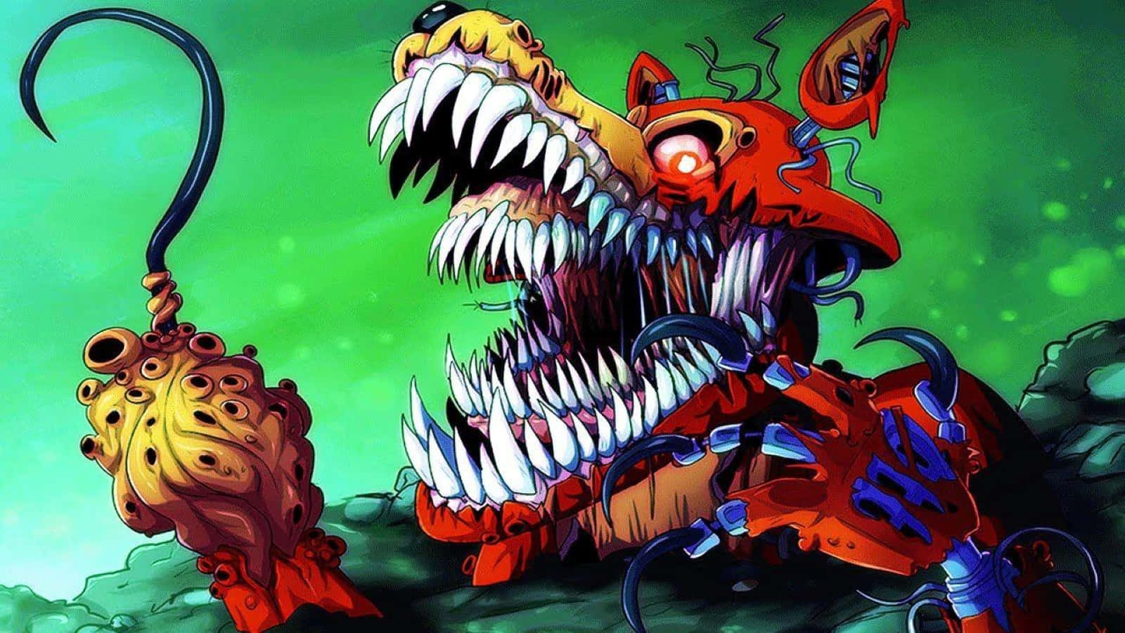Animatronics 桌布 壁紙 — 一個怪誕的紅色怪物，有著發光的眼睛和鋒利的牙齒，在綠色背景上咆哮。