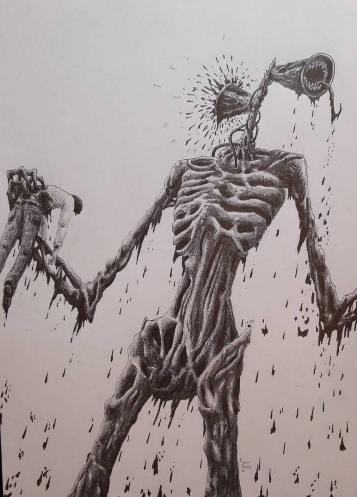 恐怖 桌布 壁紙 — 一個怪誕的骷髏恐怖生物，頭部是一個尖叫的擴音器，滴著黑色液體，同時抓著一個被綁著的人物。