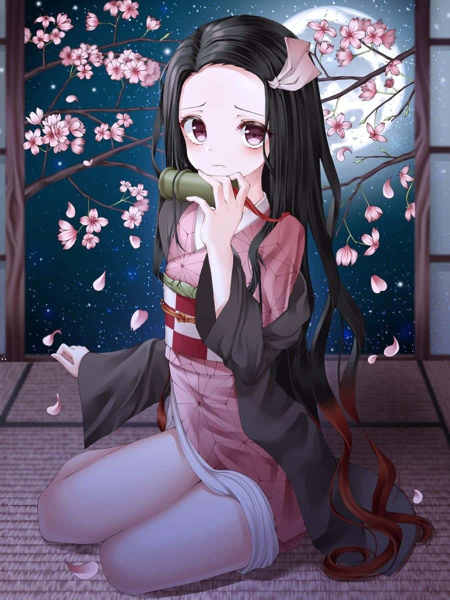 鬼滅之刃 火鬼 桌布 壁紙 — 一個悲傷的動漫女孩穿著粉紅色和服跪在榻榻米上，在櫻花下，背景是滿月的星空。