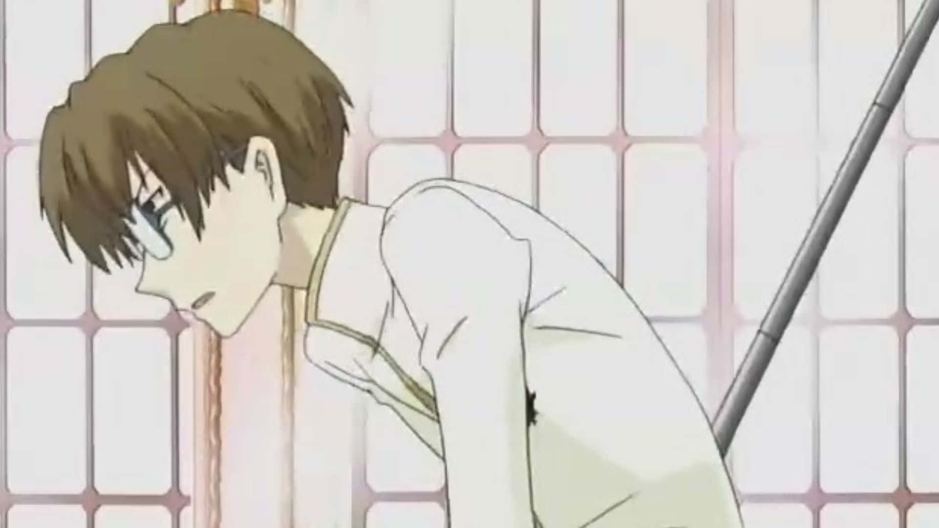 Yasuchika Haninozuka 桌布 壁紙 — 一個悲傷的動漫男孩，棕色頭髮戴著眼鏡，在安靜的房間裡靠著障子屏風。