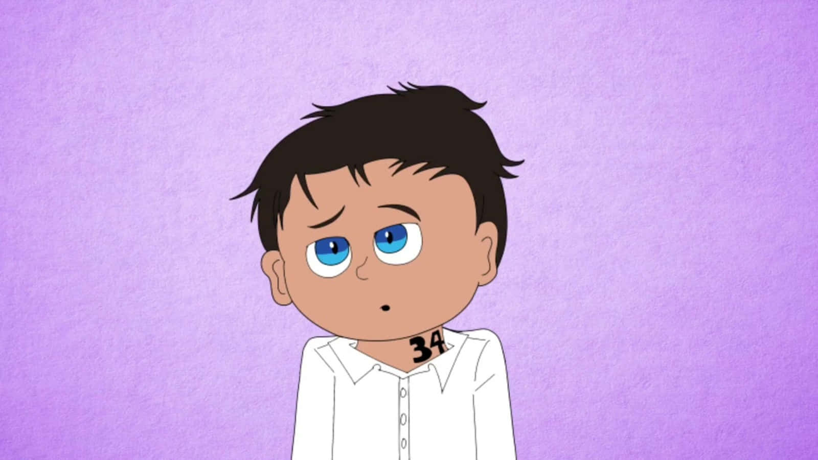 The Promised Neverland Phil 桌布 壁紙 — 一個悲傷的動畫男孩，藍眼睛黑頭髮，穿著白色襯衫，脖子上有34號，背景是紫色。