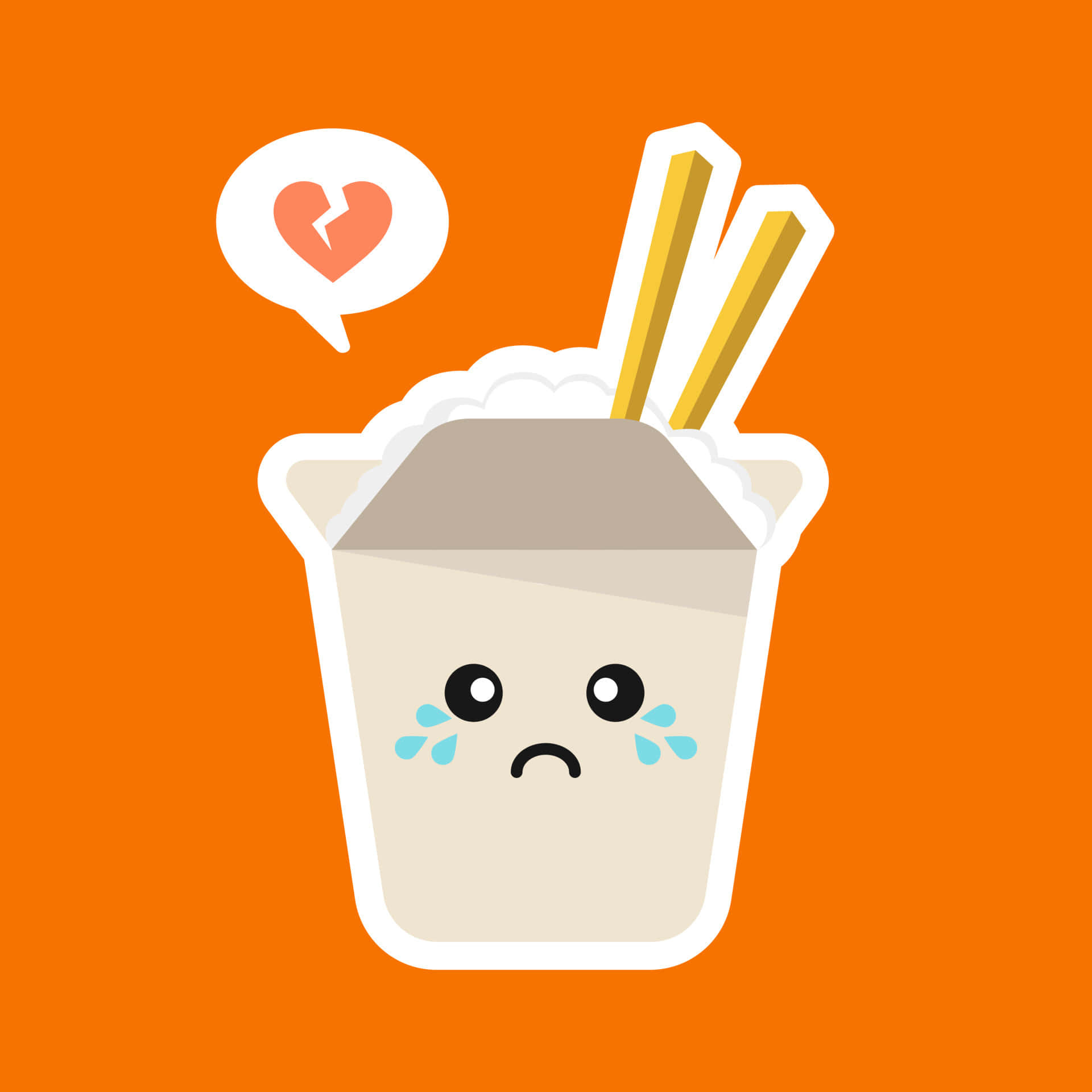 Cute Kawaii Japanese Characters 桌布 壁紙 — 一個悲傷的卡通外賣容器，帶有眼淚和一個破碎的心對話氣泡，背景為橙色。