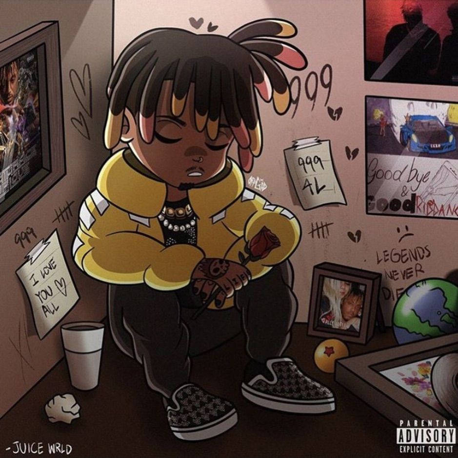 Juice WRLD 桌布 壁紙 — 一個悲傷的卡通男孩穿著黃色連帽衫坐在地上，緊握著一朵玫瑰，周圍是紀念品和塗鴉。