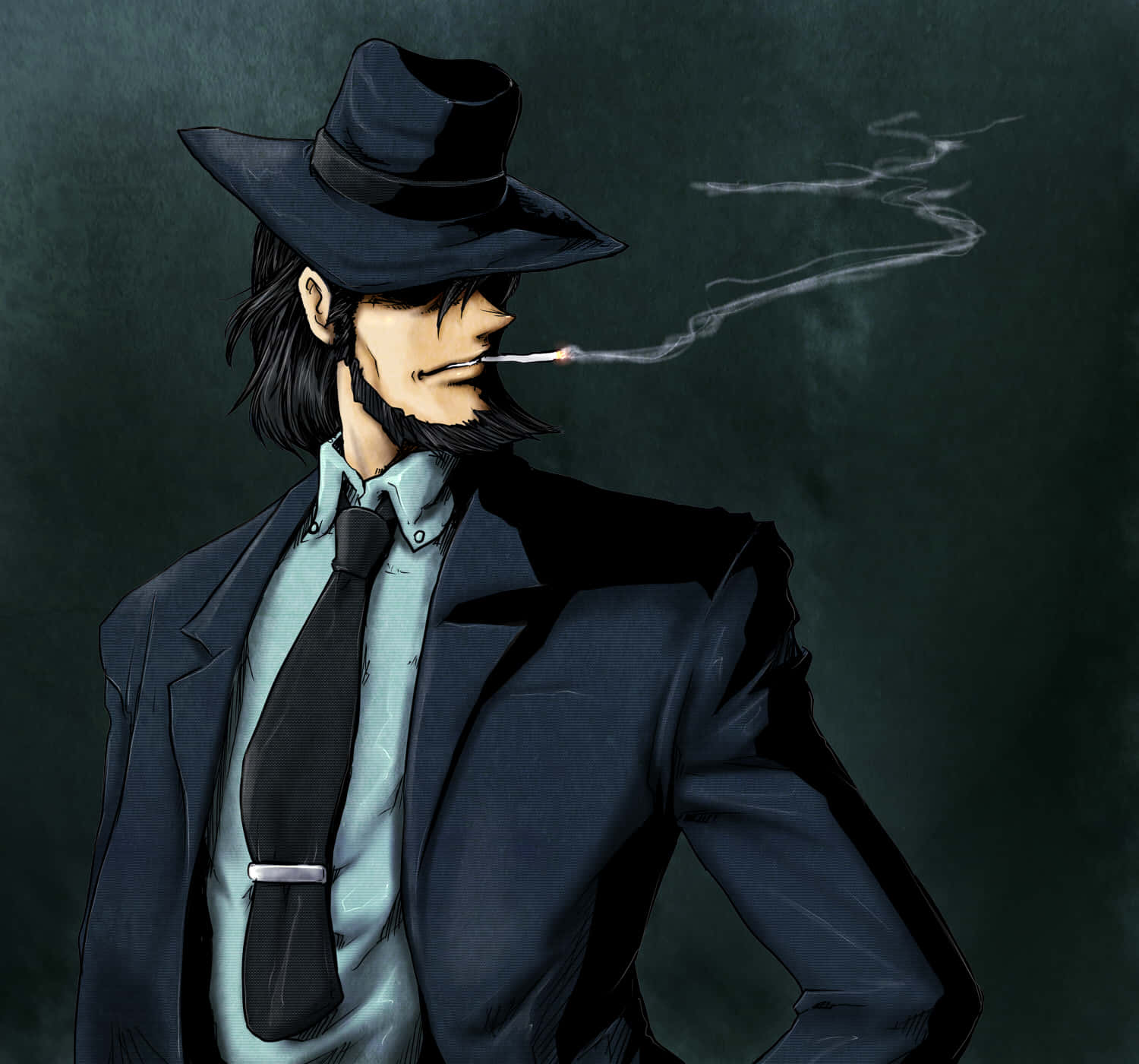 Lupin Iii Daisuke Jigen 桌布 壁紙 — 一個情緒化的動漫男人，戴著黑色軟呢帽和西裝，在深綠色背景下抽煙。