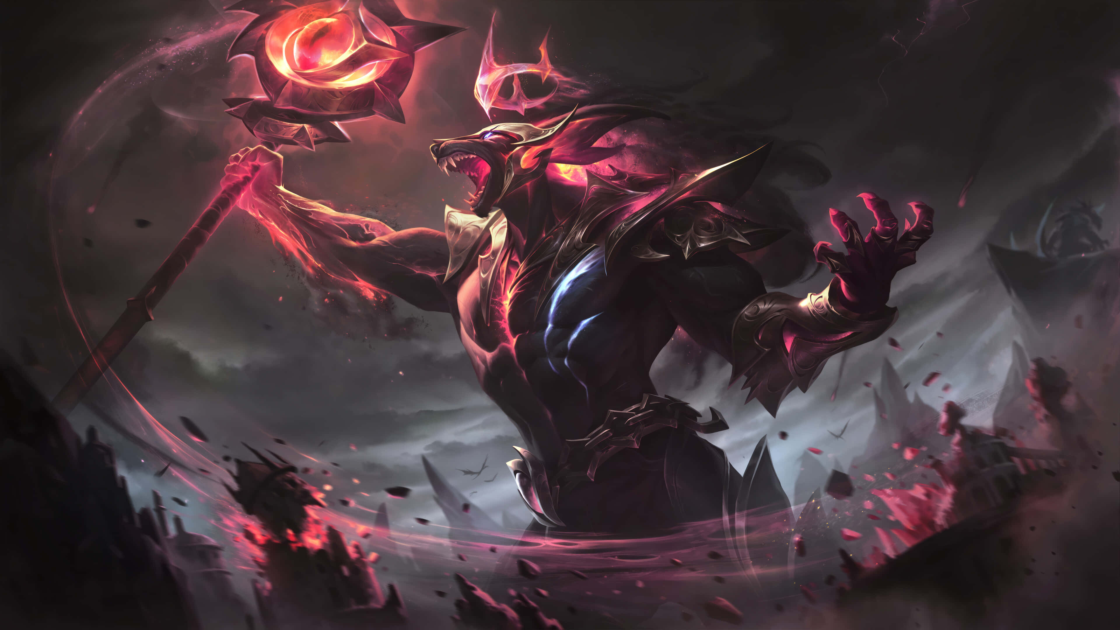 League Of Legends Champions 桌布 壁紙 — 一個惡魔戰士在風暴肆虐、碎石遍地的戰場上，揮舞著發光的紅色尖刺狼牙棒，發出怒吼。