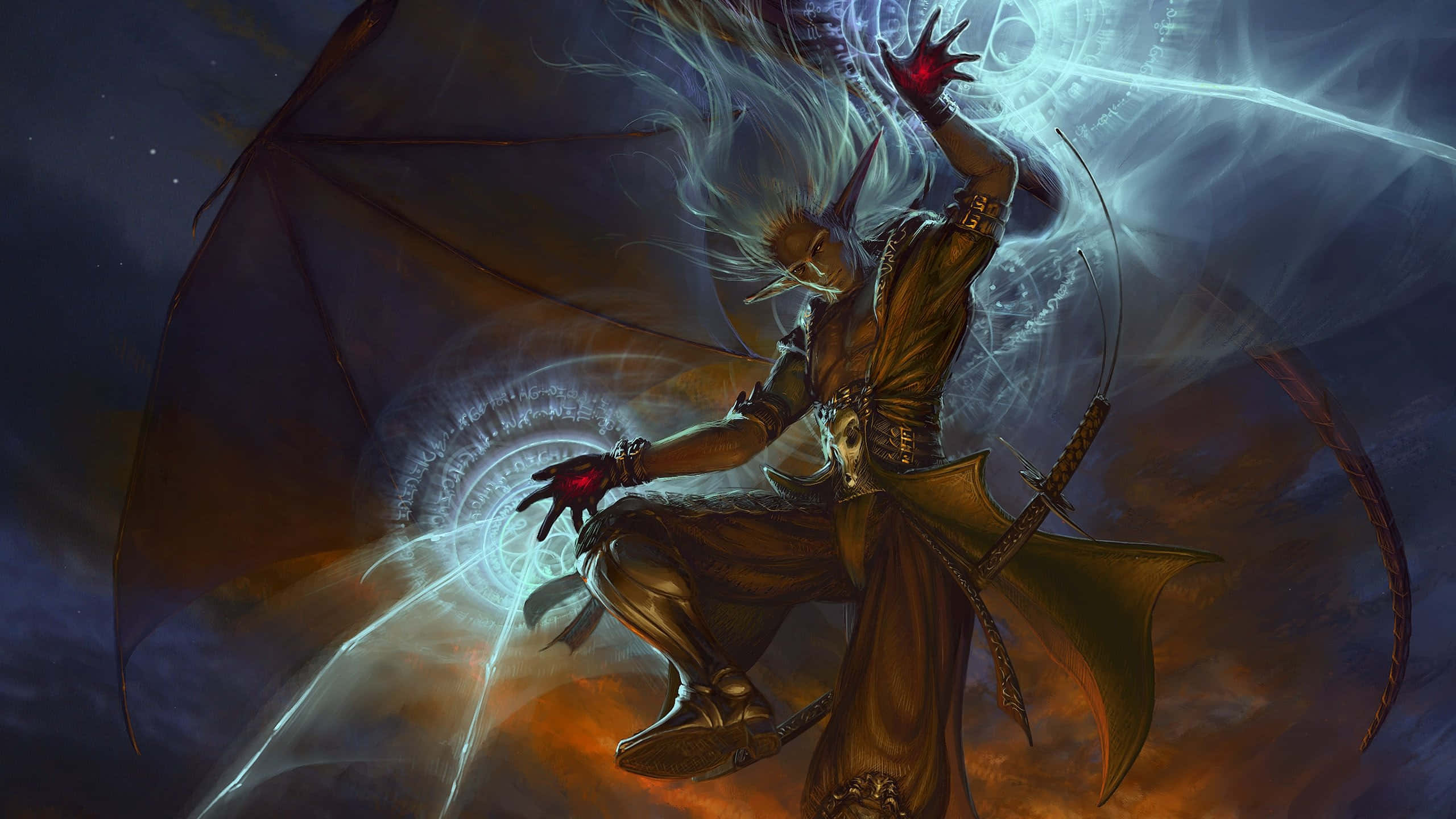 Sorcerer 桌布 壁紙 — 一個惡魔般的動漫戰士，擁有發光的紅色雙手和黑暗翅膀，在繁星點點的夜空背景下，在旋轉的漩渦中引導宇宙能量。