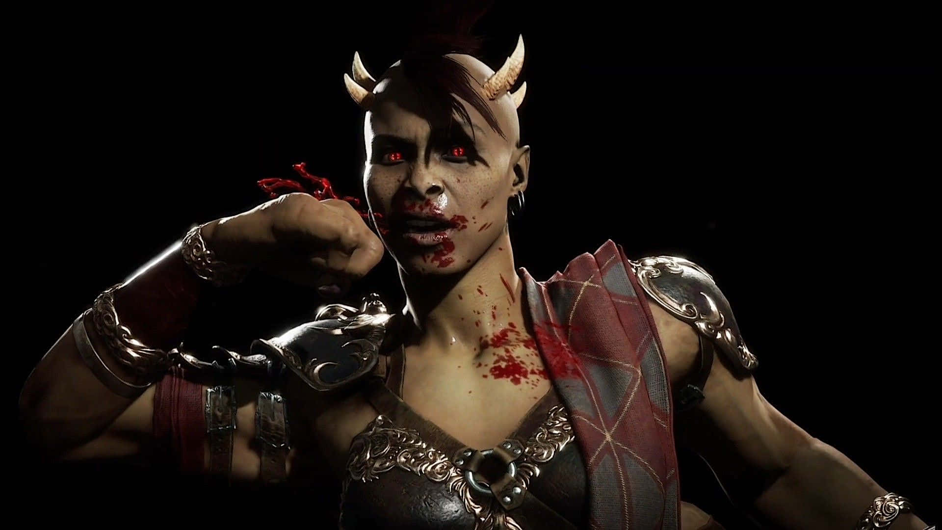 Mortal Kombat Sheeva 桌布 壁紙 — 一個惡魔般的戰士，雙眼發紅、滿臉鮮血，在黑暗而激烈的特寫中出擊。