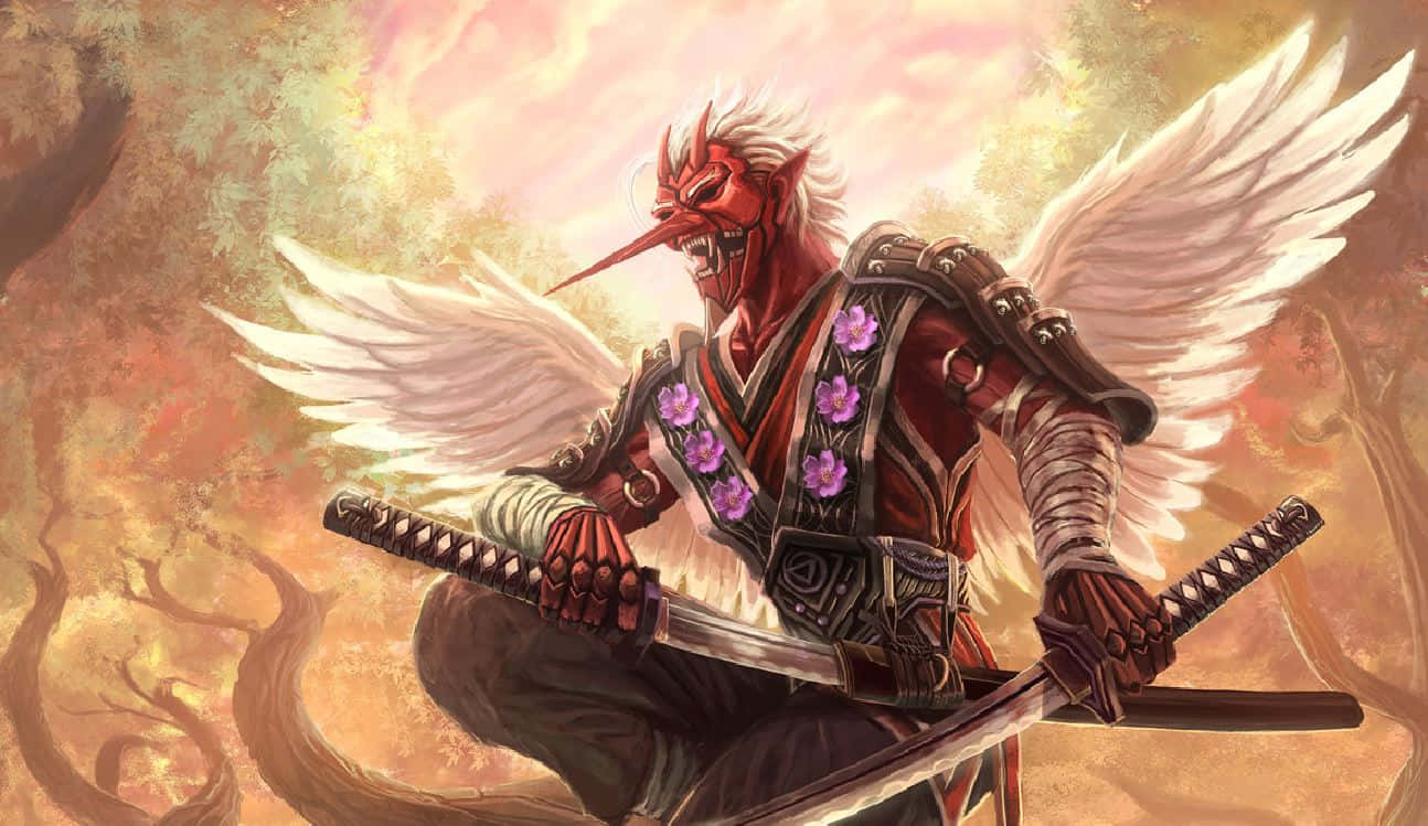 Tengu 桌布 壁紙 — 一個惡魔般的武士，擁有白色翅膀和盔甲上的紫色花朵，手持兩把劍，背景是熾熱的日落天空。