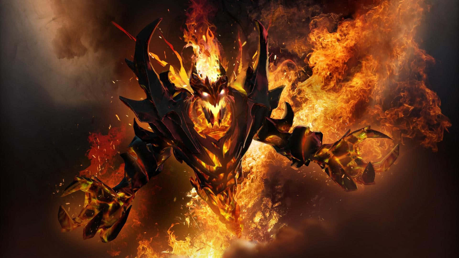 Shadow Fiend 桌布 壁紙 — 一個惡魔般的身影，被咆哮的火焰纏繞，擁有發光的眼睛和鋸齒狀的盔甲，從黑暗煙霧背景中的猛烈爆炸中出現。