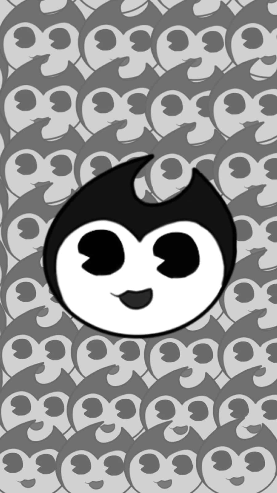Bendy 桌布 壁紙 — 一個愉快嘅黑白卡通角色，頭部似火焰，喺重複嘅細灰色版本自己圖案背景下微笑。