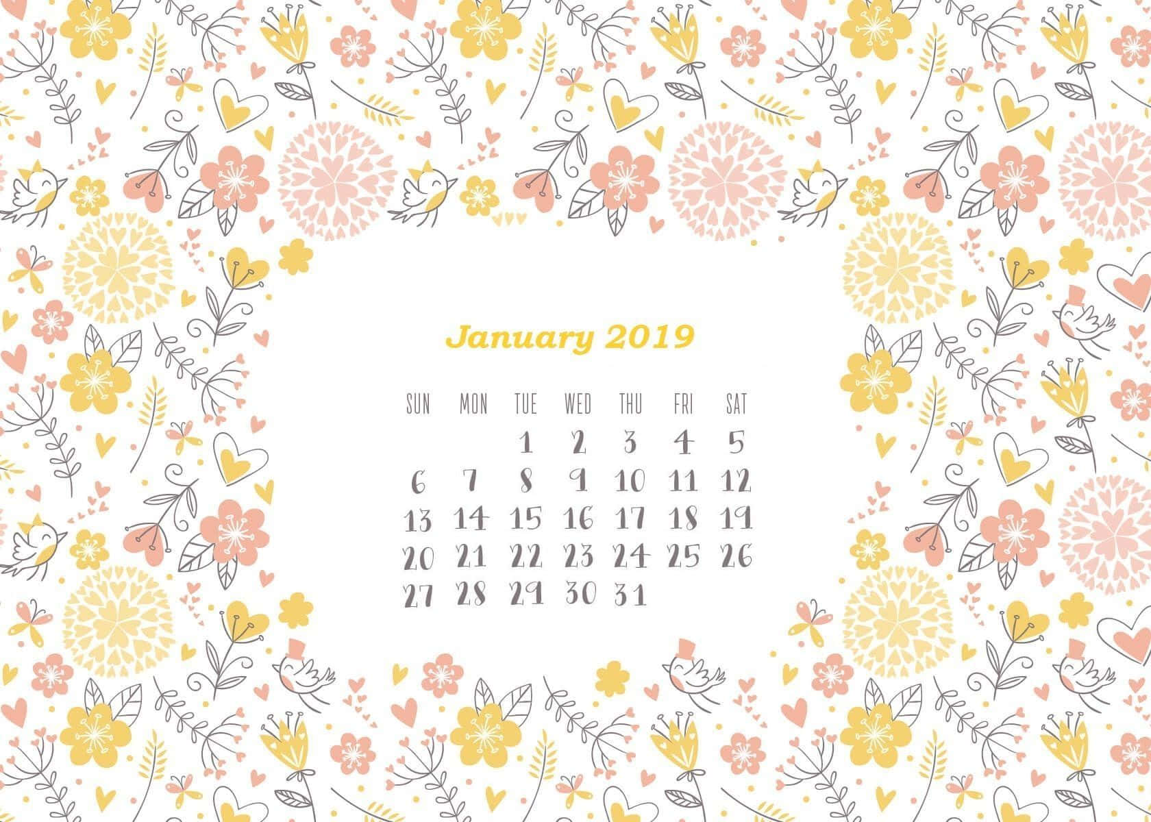 一月 桌布 壁紙 — 一個愉快的2019年1月日曆，以精緻的黃色、粉紅色和灰色花卉圖案、鳥類和心形圖案框在白色背景上。