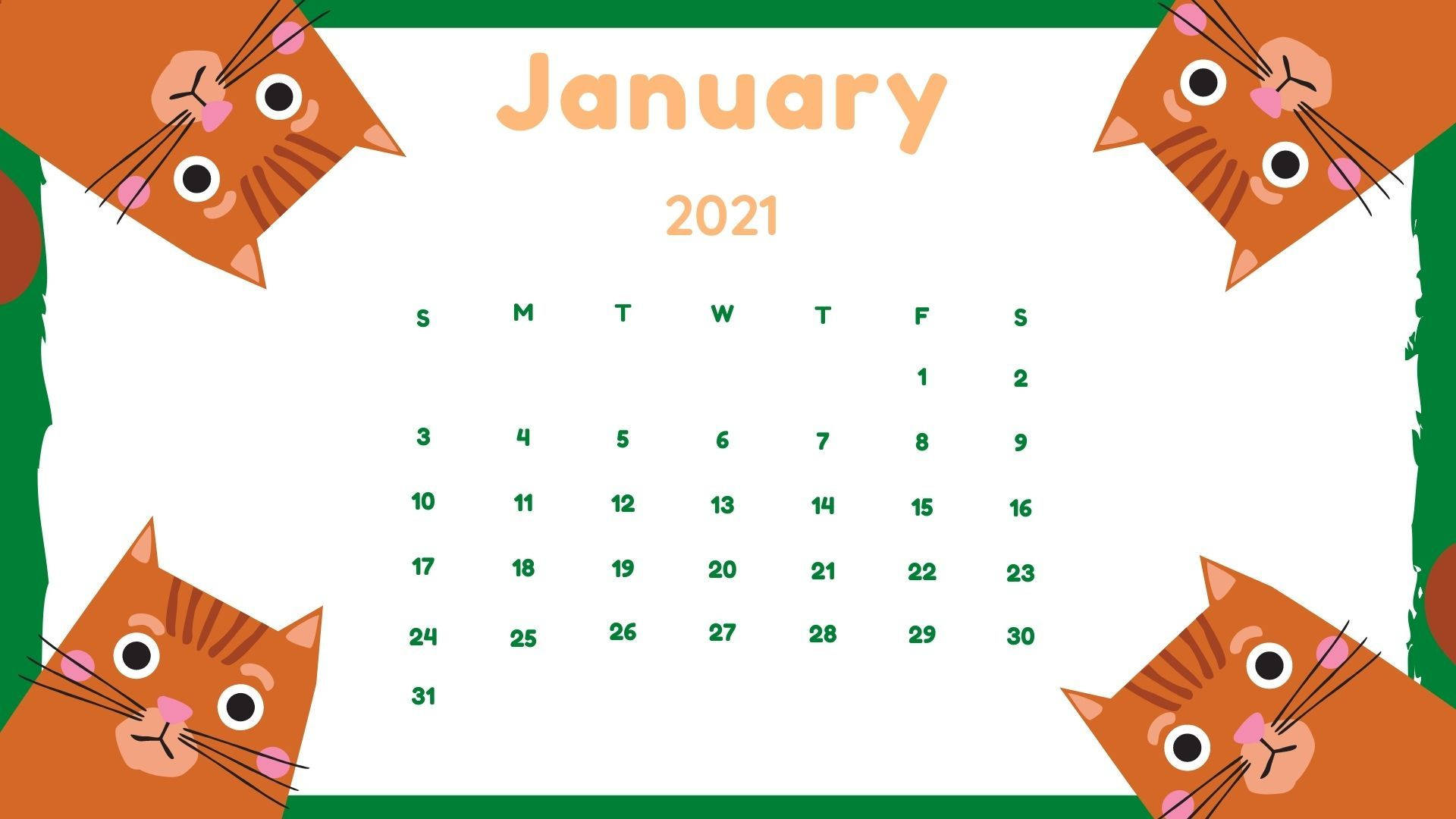 2021 Desktop 桌布 壁紙 — 一個愉快的2021年1月日曆，由四隻可愛的橙色卡通貓咪從角落探出頭來框住。