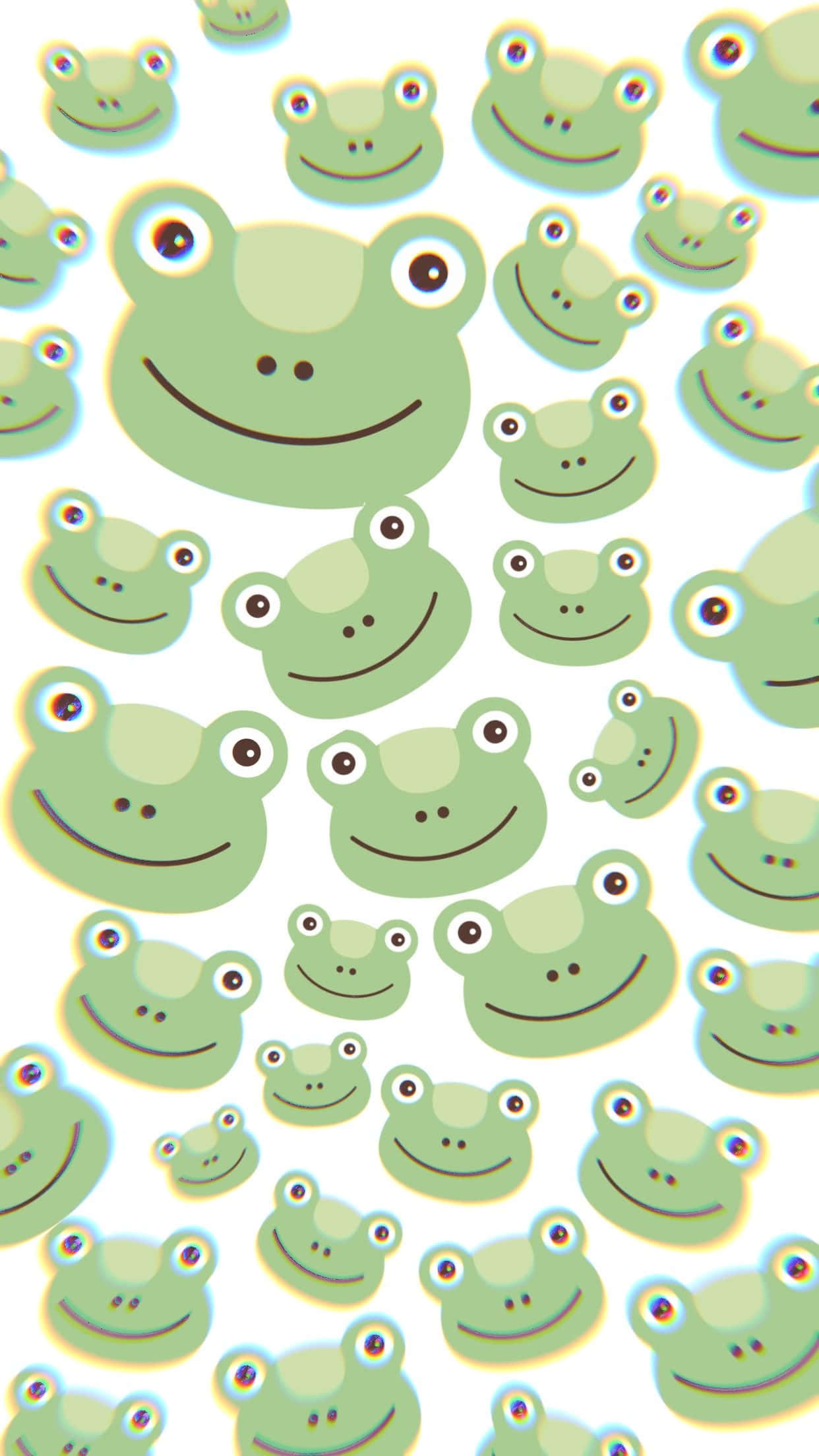 Cute Frog 桌布 壁紙 — 一個愉快的圖案，微笑的綠色青蛙有大眼睛，散佈在白色背景上。