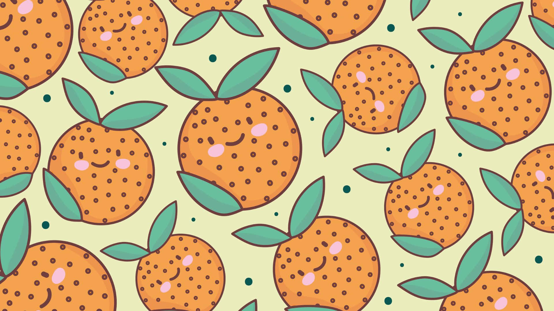 Cute Orange 桌布 壁紙 — 一個愉快的圖案，由微笑的卡通橙子配綠葉組成，背景為淺綠色。