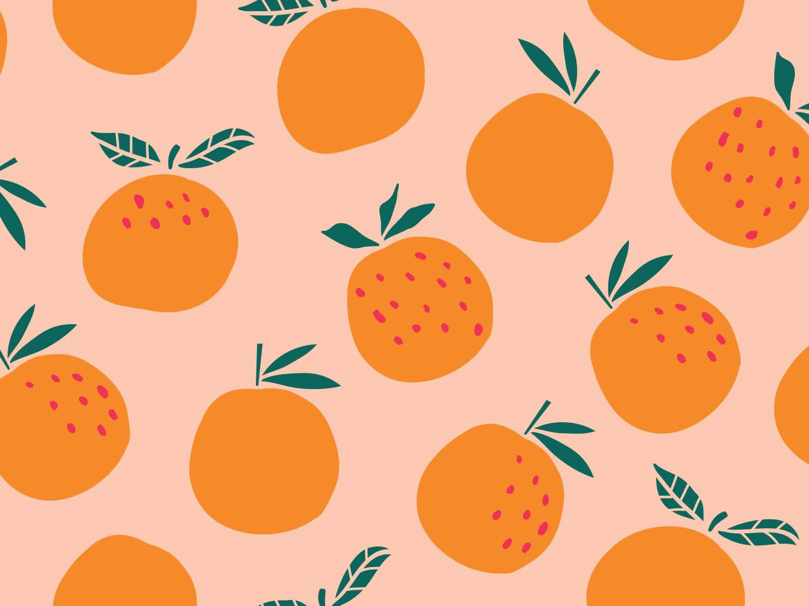 Cute Orange 桌布 壁紙 — 一個愉快的圖案，由風格化的橙子、綠色葉子和粉紅色圓點組成，背景是柔和的桃色。