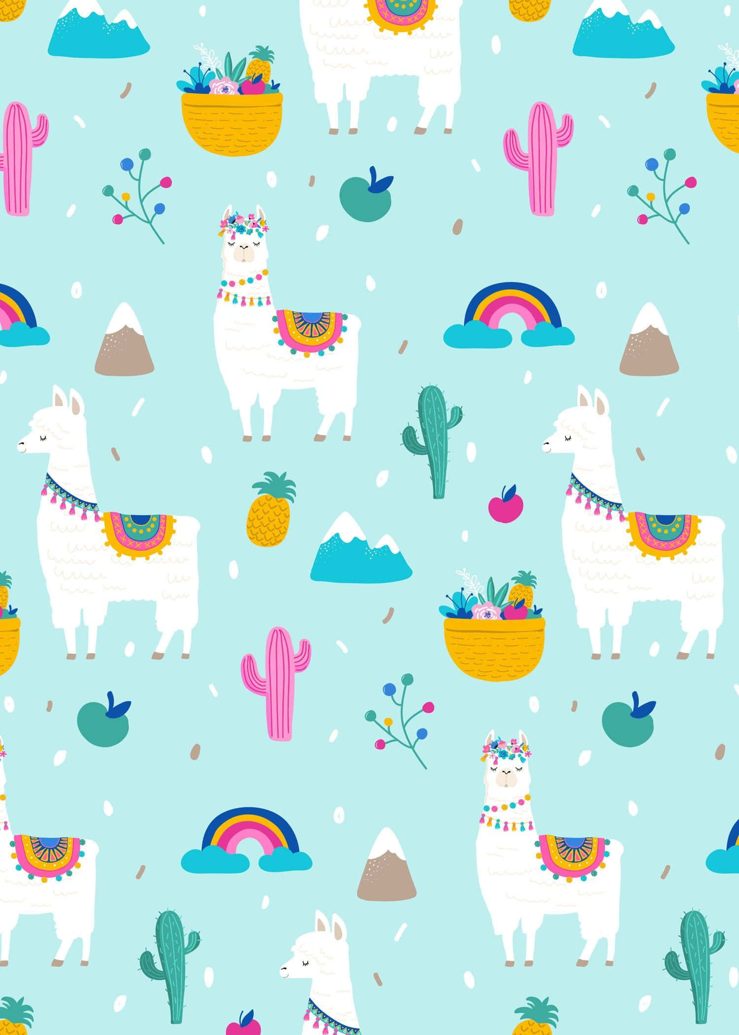 Kawaii Llama 桌布 壁紙 — 一個愉快的圖案，白色羊駝配上色彩繽紛的毯子、粉紅色仙人掌、彩虹和菠蘿，背景為淺藍色。