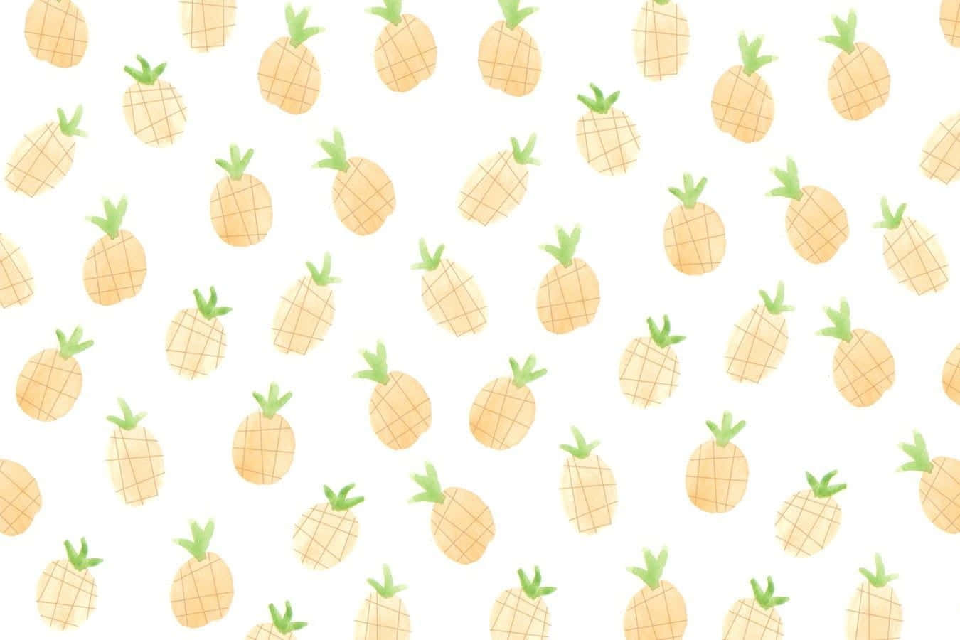 Kawaii Fruit 桌布 壁紙 — 一個愉快的水彩菠蘿圖案，帶有綠色皇冠，散落在乾淨的白色背景上。