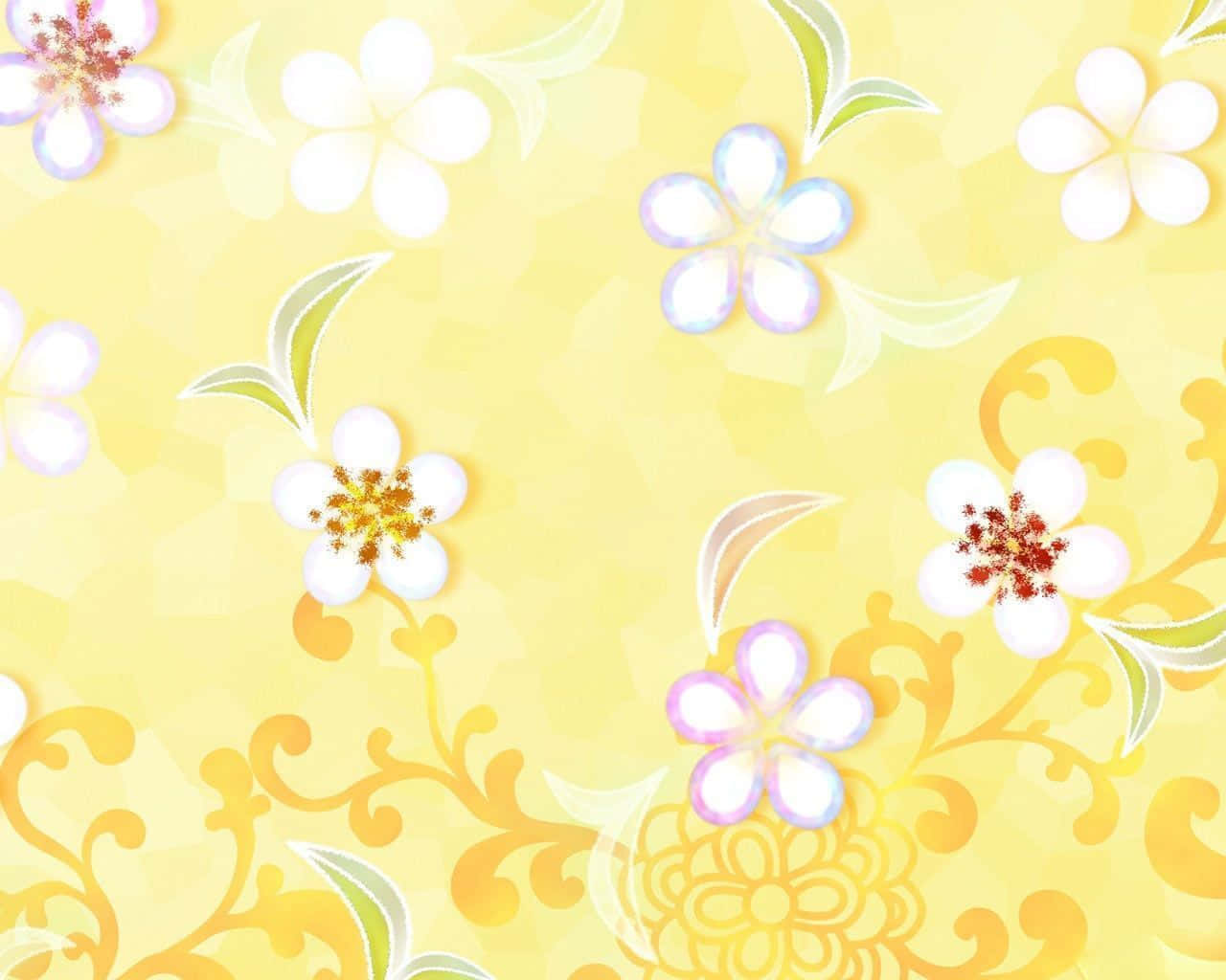 Yellow Pattern 桌布 壁紙 — 一個愉快的黃色牆紙圖案，帶有白色花朵和旋轉藤蔓，採用柔和的粉彩調色。