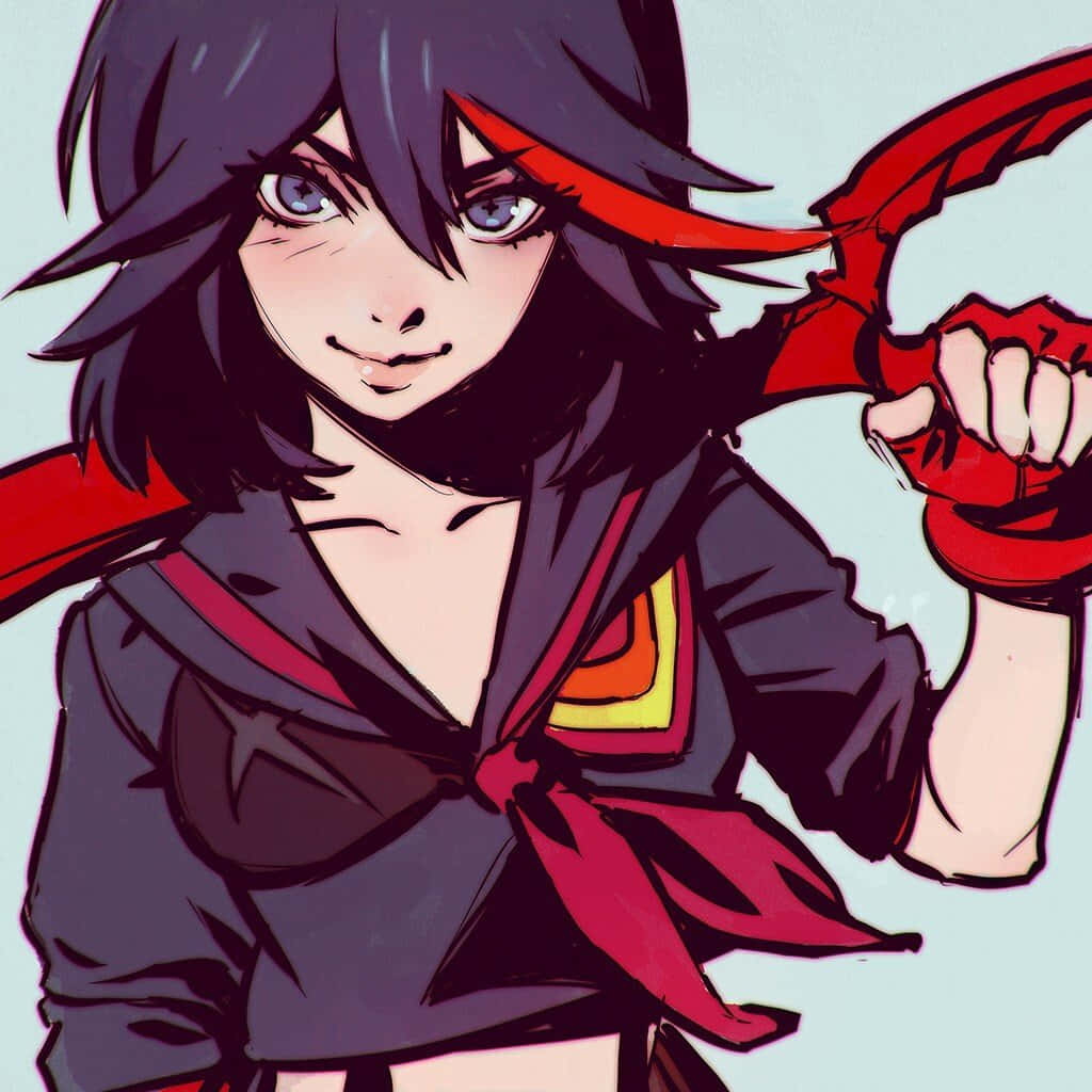 Kill La Kill Senketsu 桌布 壁紙 — 一個意志堅定的動漫女孩，深色頭髮，紅色點綴，在淡藍色背景下揮舞著一把彎曲的紅色刀刃。