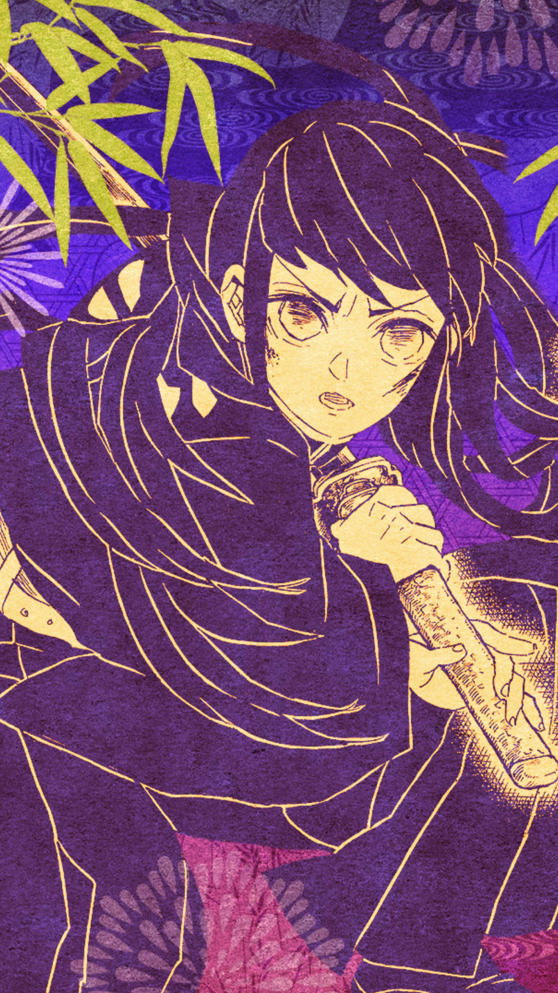 Muichiro 桌布 壁紙 — 一個意志堅定的動漫女孩，黑髮閃爍的眼睛，在紫色竹子背景中握著劍，帶有金色輪廓。