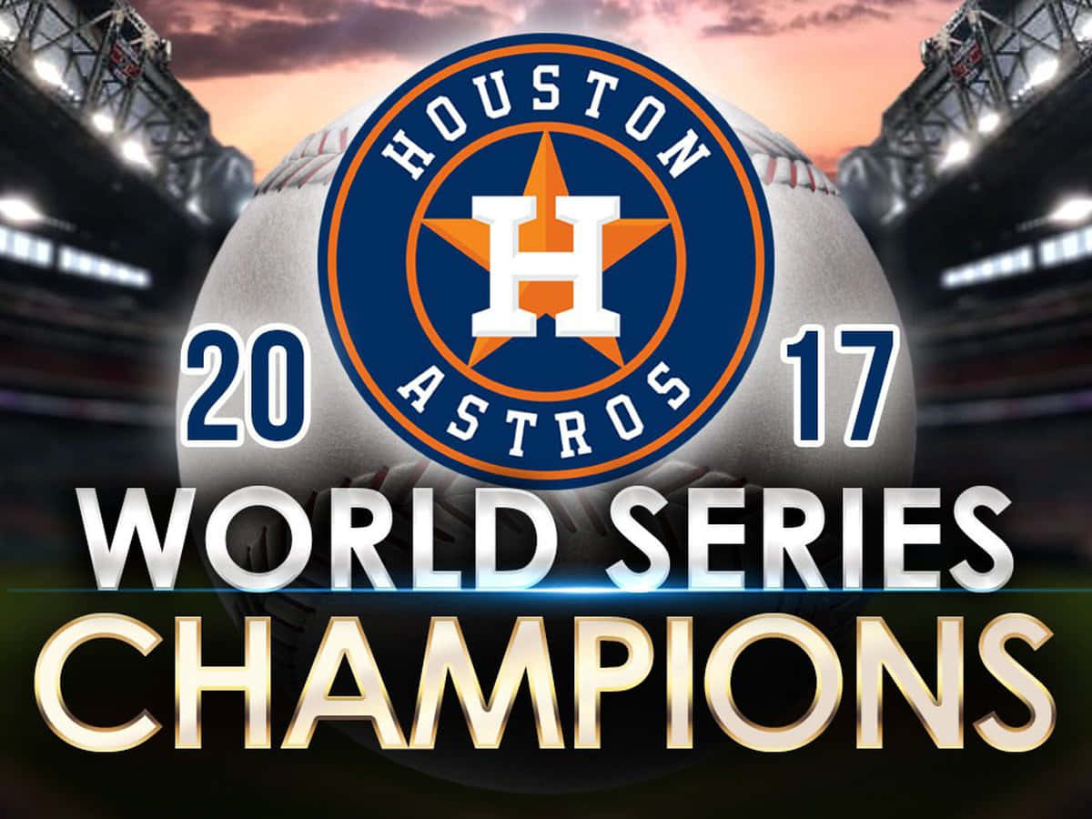 Astros 桌布 壁紙 — 一個慶祝侯斯頓太空人2017年世界大賽冠軍的棒球，球場燈光在黃昏中閃耀。