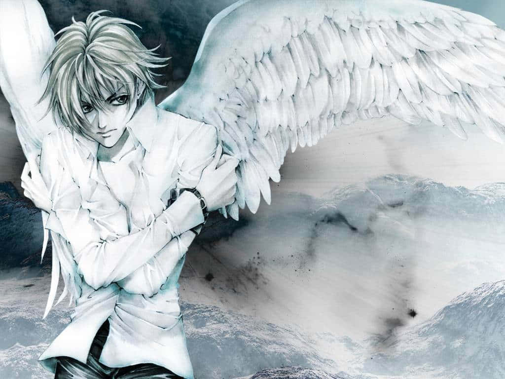 Snow Angel 桌布 壁紙 — 一個憂鬱的動漫天使，擁有白色翅膀和凌亂的頭髮，雙臂交叉站在暴風雨的灰色天空前。