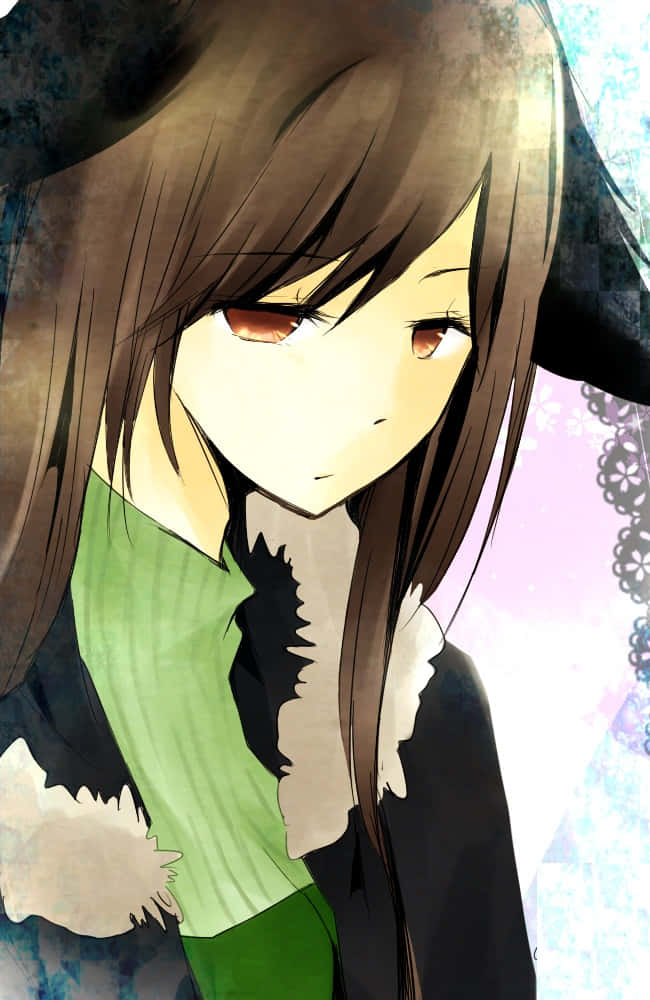 Namie Yagiri 桌布 壁紙 — 一個憂鬱的動漫女孩，棕色頭髮，紅色眼睛，向下凝視，穿著綠色毛衣和帶白色毛邊的黑色外套。