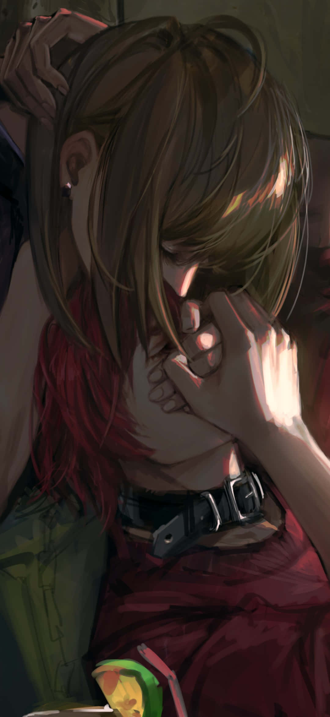 Death Note Matt 桌布 壁紙 — 一個憂鬱的動漫女孩，棕色頭髮，紅色衣服，在昏暗的房間裡用手遮住臉。