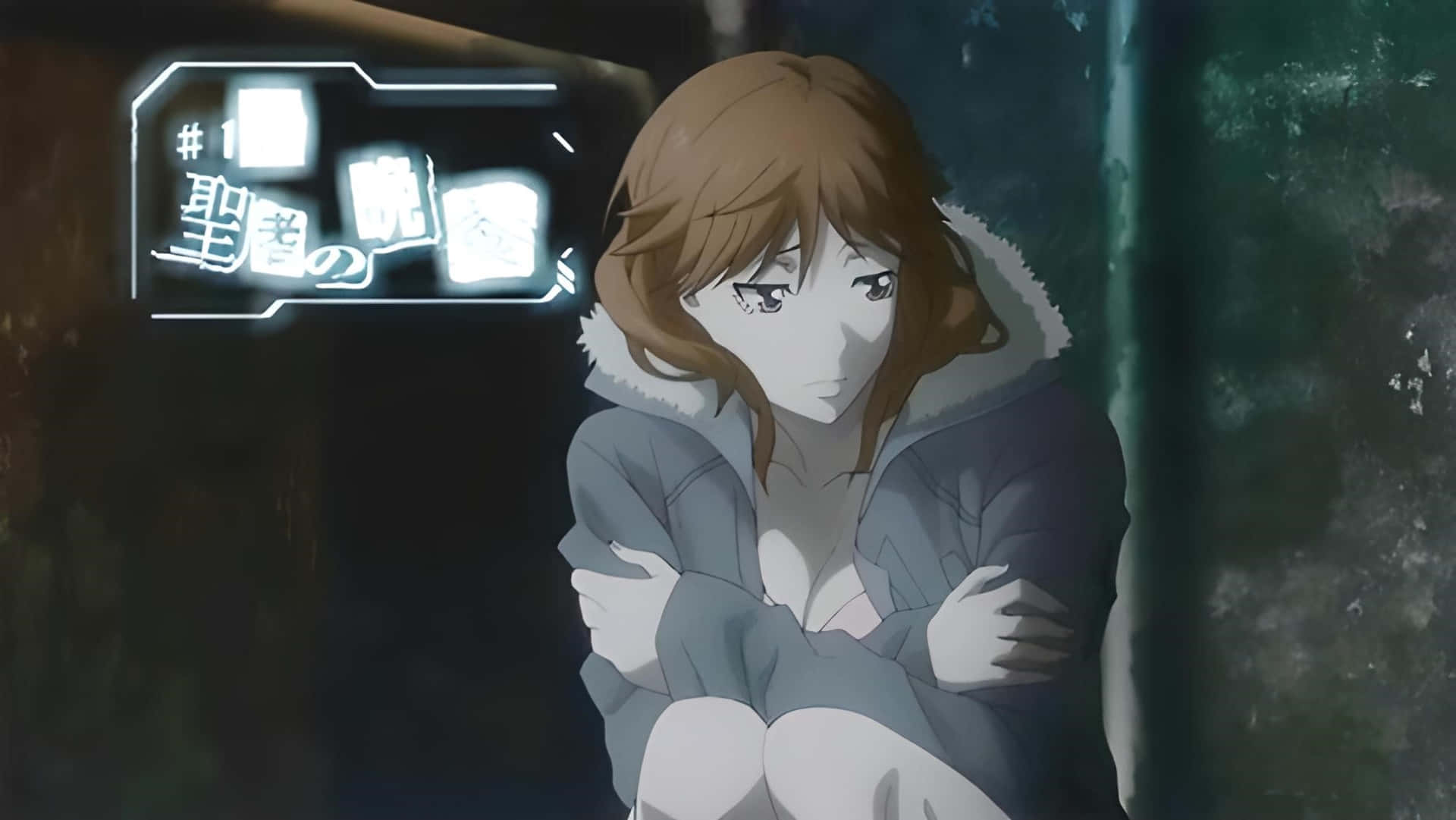 Yuki Funahara 桌布 壁紙 — 一個憂鬱的動漫女孩，棕色頭髮，蜷縮在黑暗的小巷裡，穿著灰色連帽衫，帶白色毛邊，雙臂緊緊環抱著自己。