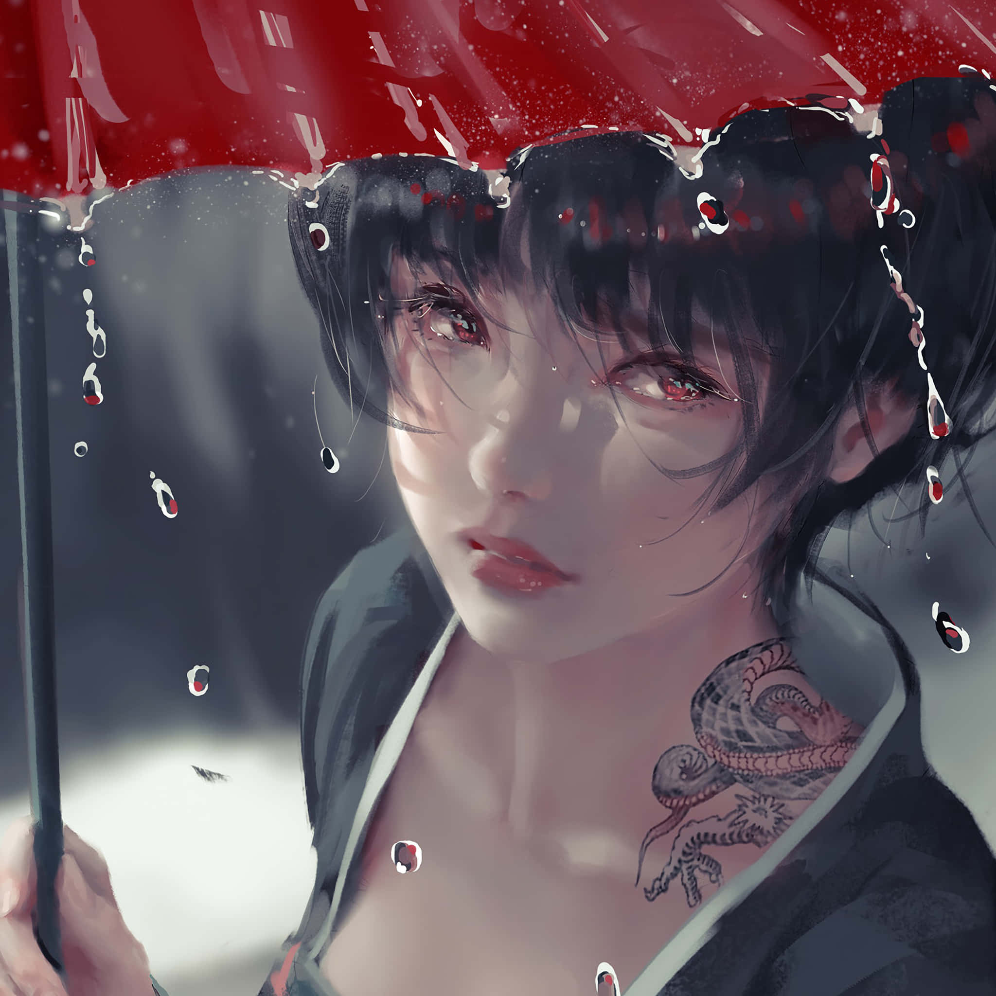 靚靚動畫 桌布 壁紙 — 一個憂鬱的動漫女孩，紅眼睛和龍紋身，在雨滴落下的時候撐著一把紅傘。