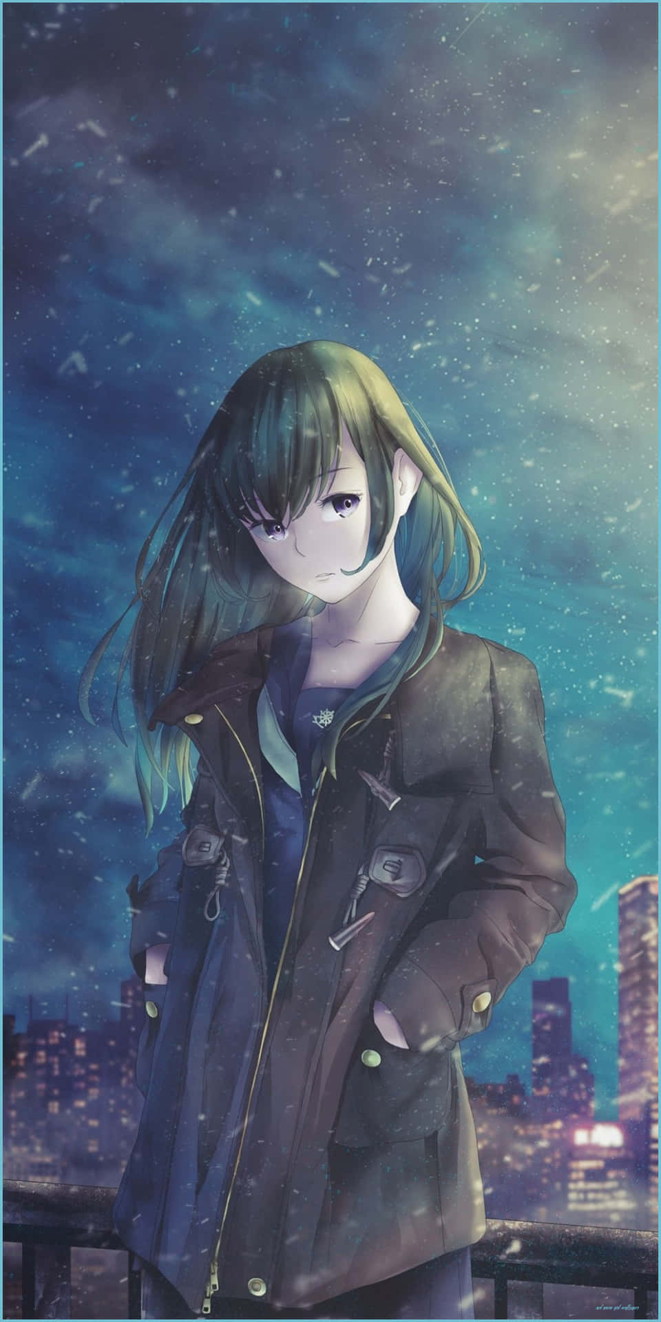 Sad Dark Anime 桌布 壁紙 — 一個憂鬱的動漫女孩，綠色頭髮，站在雪景城市中，夜空繁星點點。