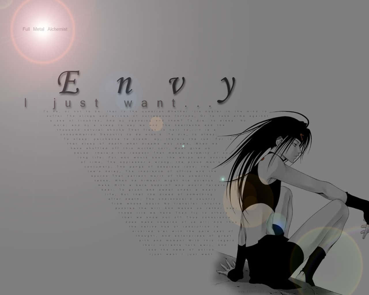 Fullmetal Alchemist Envy 桌布 壁紙 — 一個憂鬱的動漫女孩，長長的黑髮，癱坐在灰色牆邊，上方以風格化文字閃爍著「Envy」一詞。
