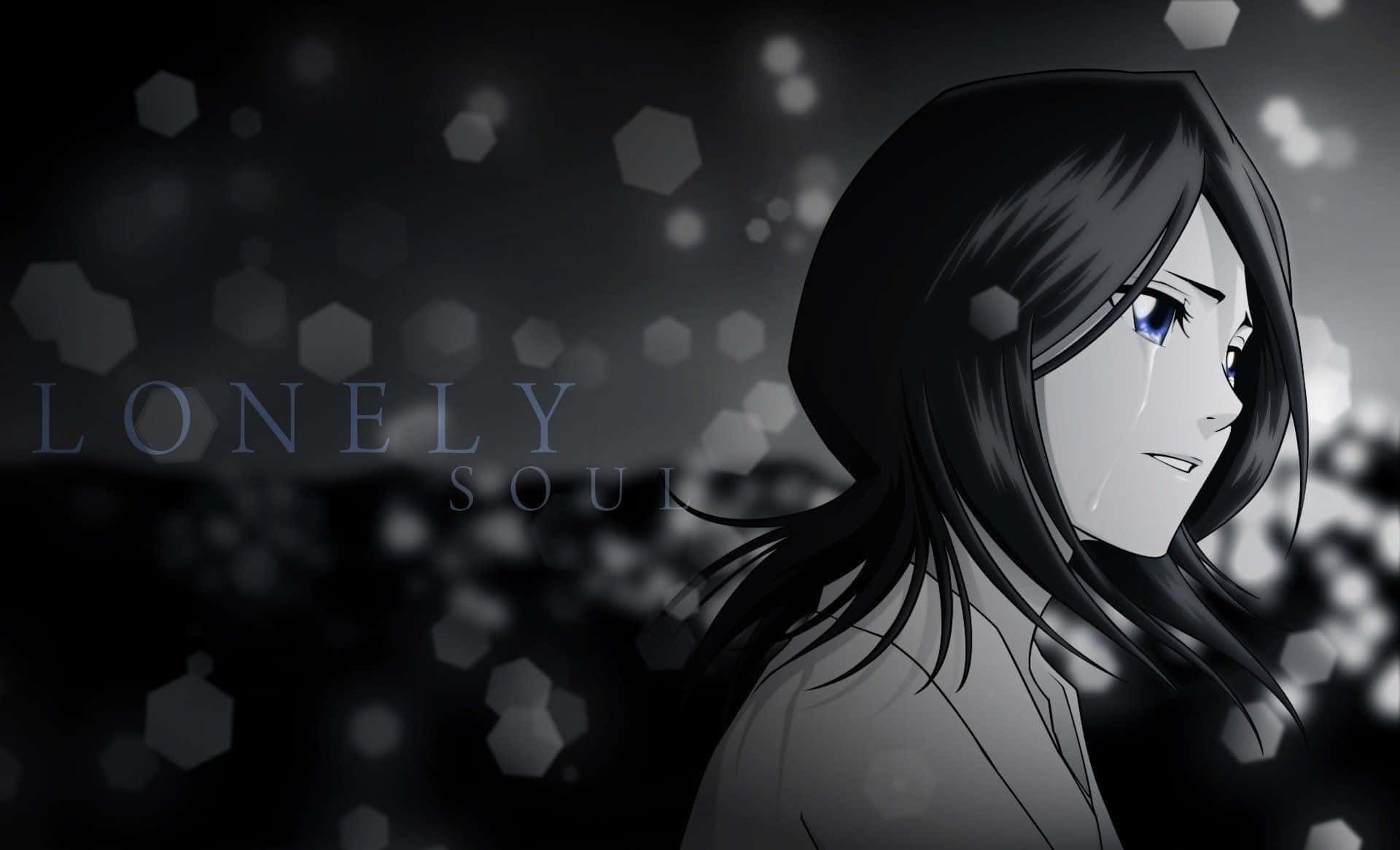 Rukia Kuchiki 桌布 壁紙 — 一個憂鬱的動漫女孩，長長的黑髮和藍色的眼睛，在充滿發光六角形散景燈光的黑暗背景中側視。