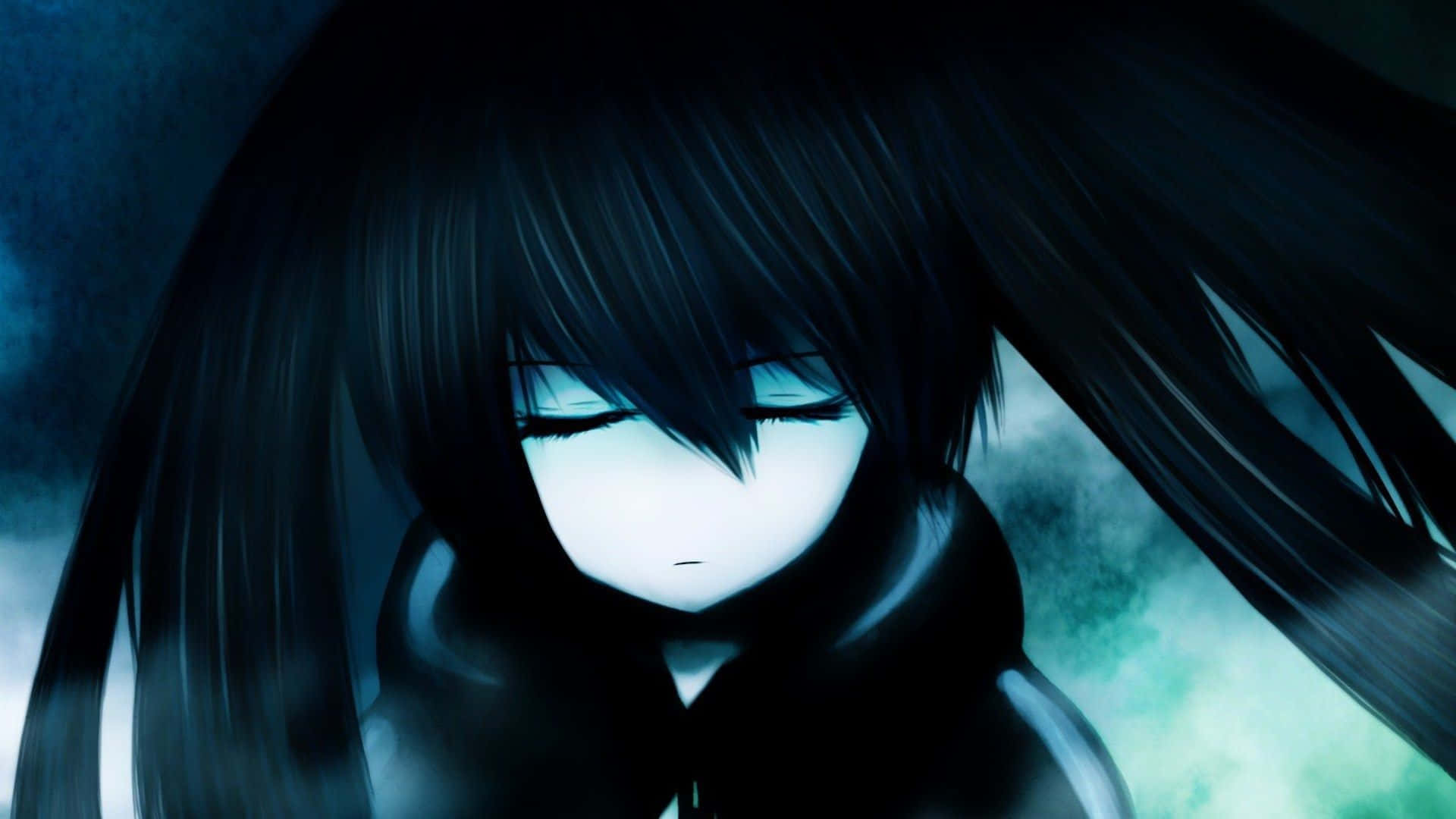 Sad Dark Anime 桌布 壁紙 — 一個憂鬱的動漫女孩，長長的黑髮和發光的眼睛，在深藍色和藍綠色的迷霧氛圍中向下凝視。