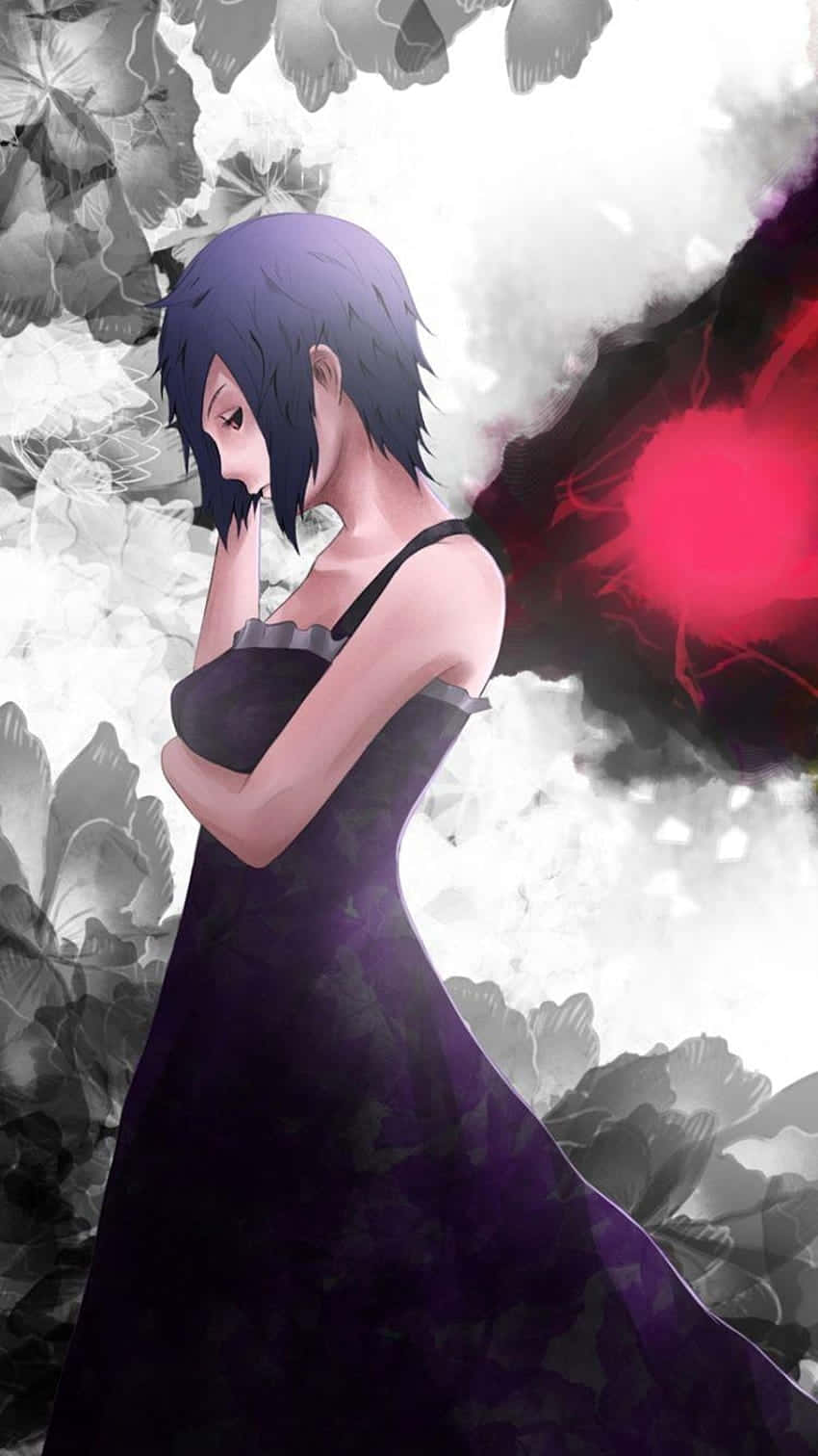 Touka Kirishima 桌布 壁紙 — 一個憂鬱的動漫女孩穿著紫色連衣裙，站在單色花朵中，身後有一個發光的紅色球體。