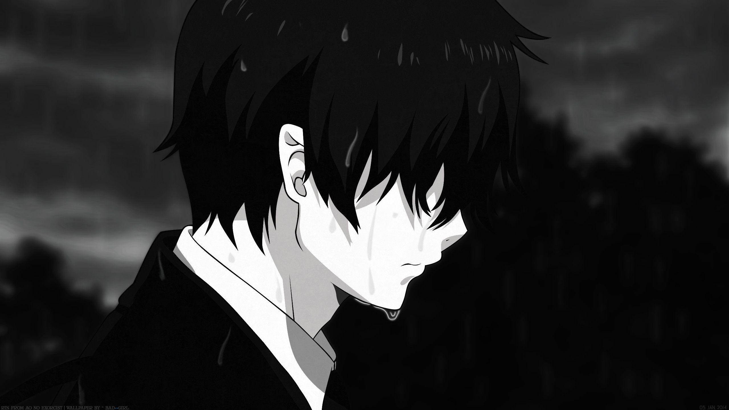 黑白 桌布 壁紙 — 一個憂鬱的動漫男孩，濕透的頭髮和淚水，在單色風暴天空下。