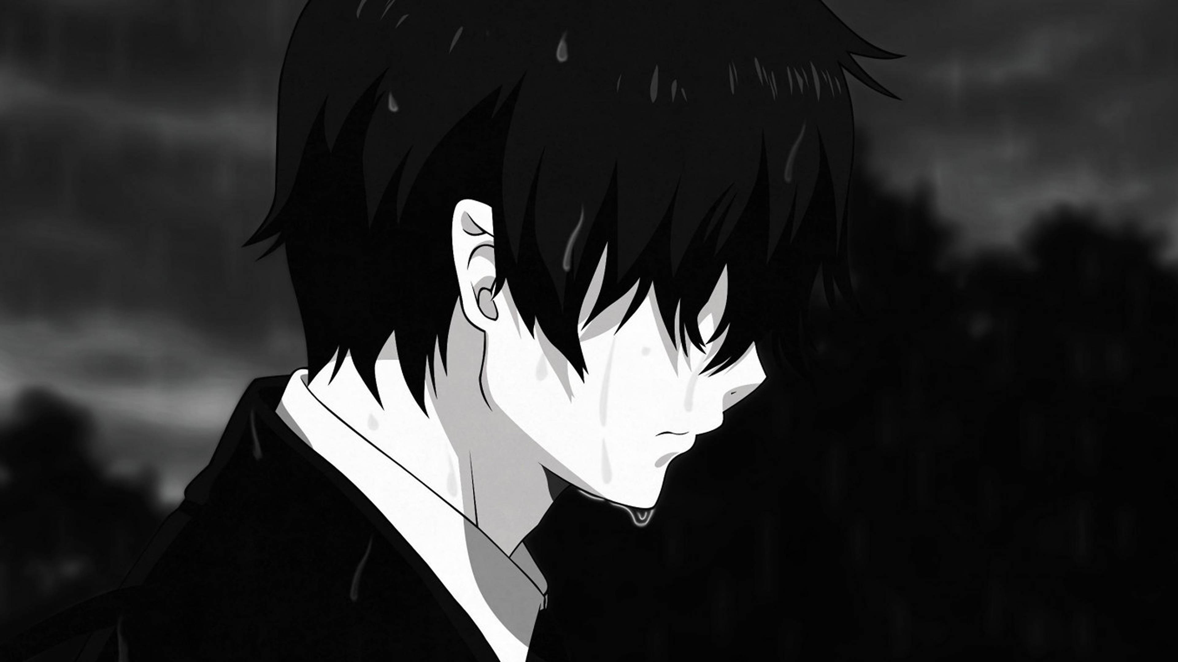 4K 桌布 壁紙 — 一個憂鬱的動漫男孩，濕透的頭髮和淚水劃過臉龐，站在單色調的暴雨中。