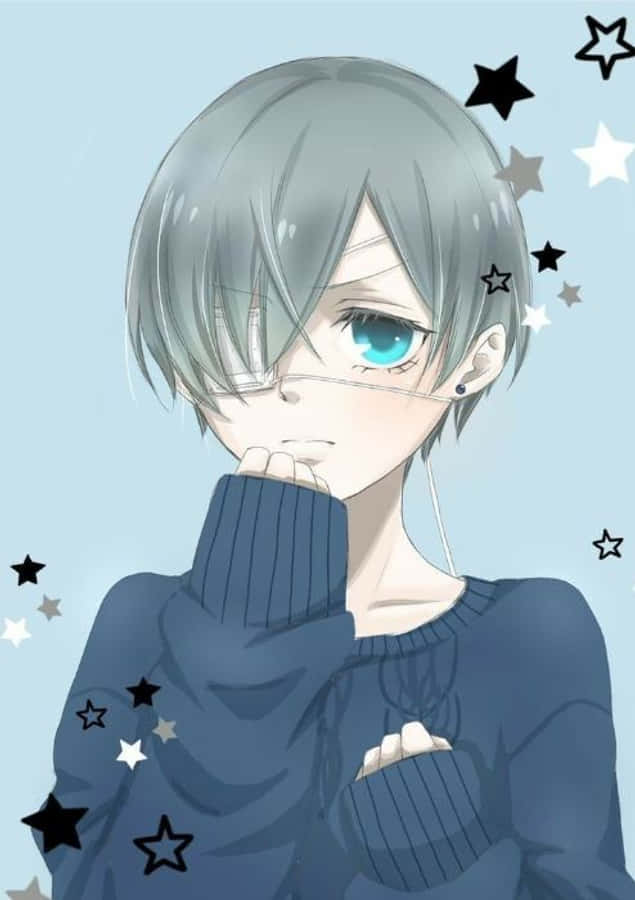 Ciel Phantomhive 桌布 壁紙 — 一個憂鬱的動漫男孩，銀色頭髮和一隻藍色眼睛，穿著藍色毛衣，星星在他周圍漂浮，背景是淡藍色。