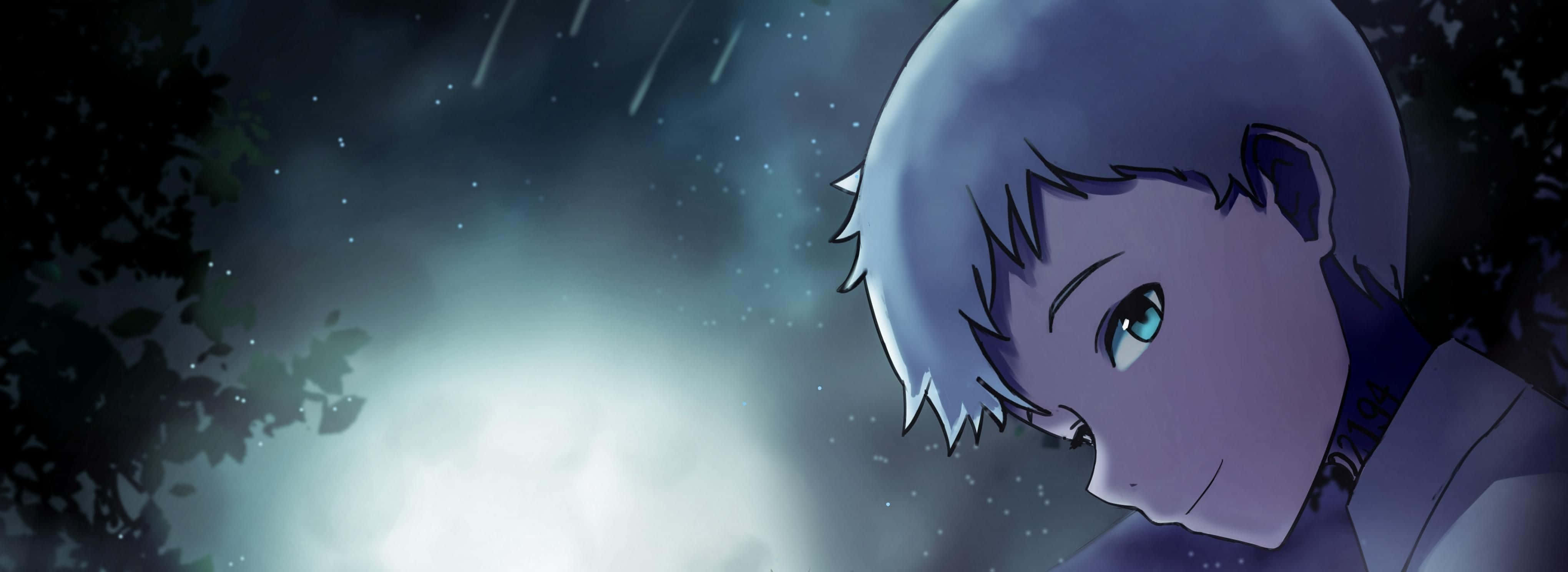 The Promised Neverland Norman 桌布 壁紙 — 一個憂鬱的動漫男孩，銀髮藍眼，在繁星點點的夜空下，伴隨著落雨，低垂著目光。