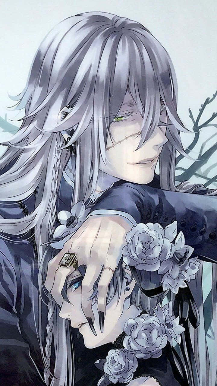 Black Butler Undertaker 桌布 壁紙 — 一個憂鬱的動漫角色，銀色頭髮和綠色眼睛，輕輕抱著另一個裝飾著白玫瑰的人物。