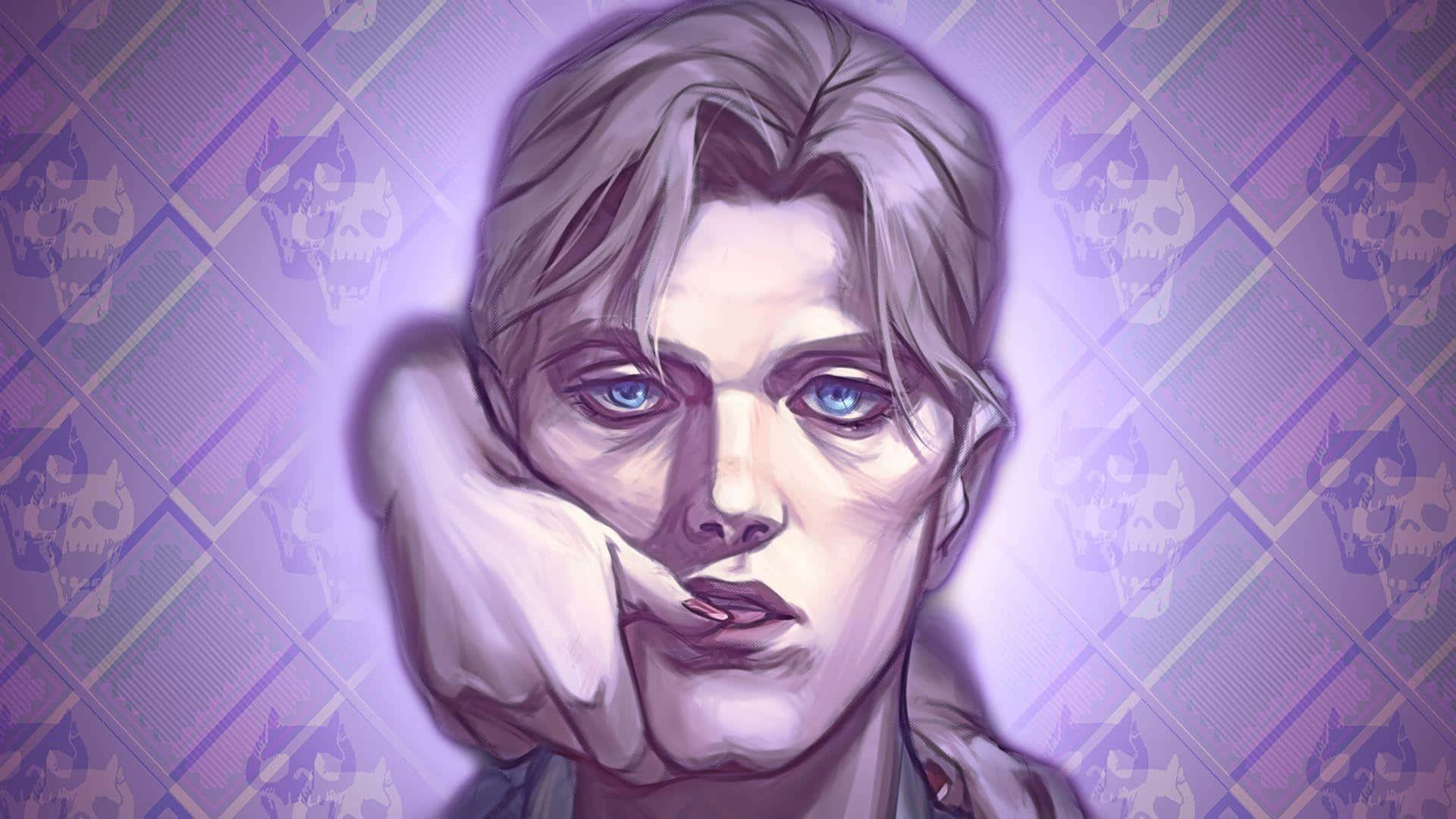 Kira Yoshikage 桌布 壁紙 — 一個憂鬱的動漫風格肖像，人物有藍色眼睛，手托下巴，背景是紫色骷髏圖案。