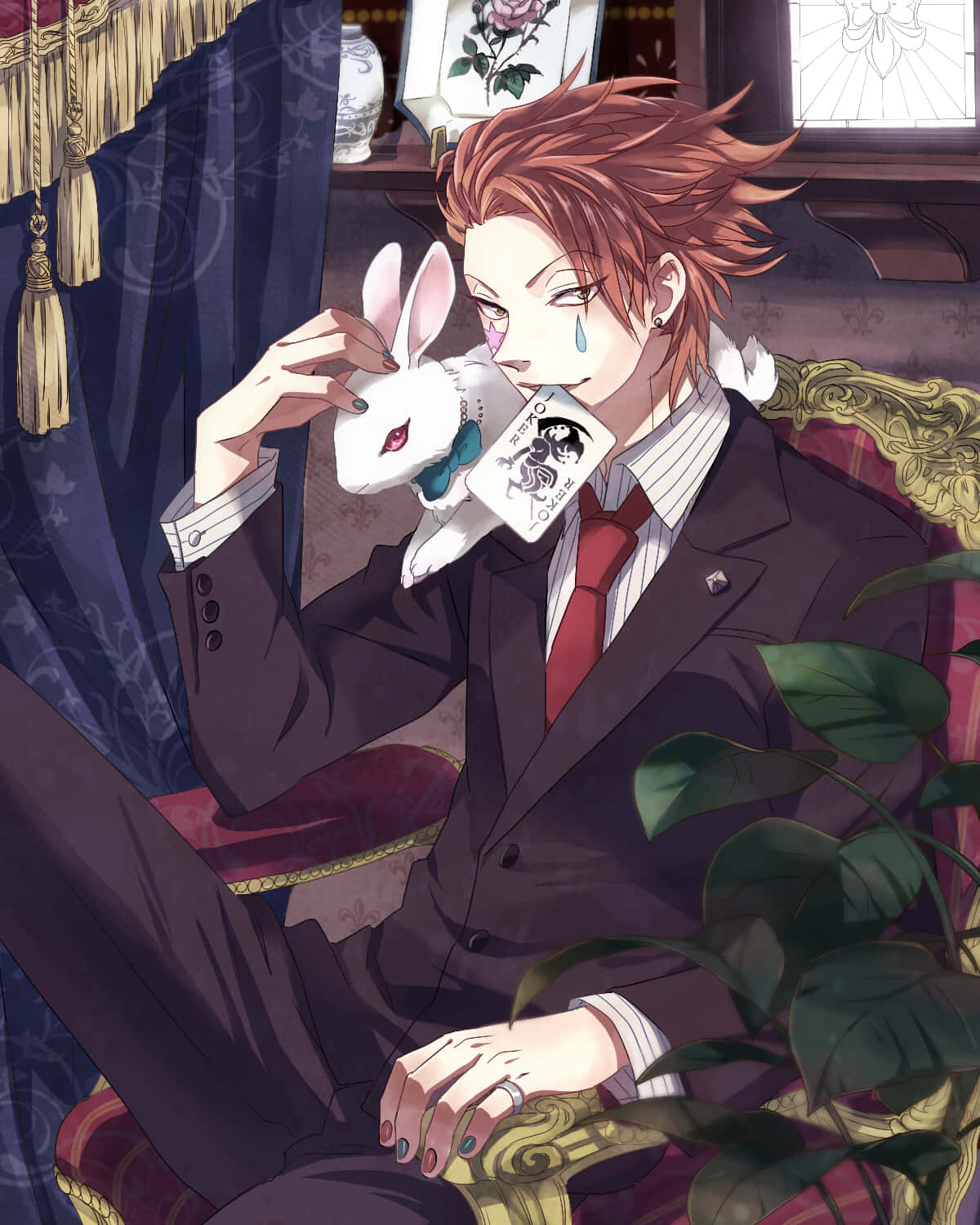 Hisoka Morow 桌布 壁紙 — 一個憂鬱的動畫男子穿著西裝，在裝飾華麗的房間裡抱著一隻白色兔子毛絨玩具，眼淚從他的眼睛裡落下。